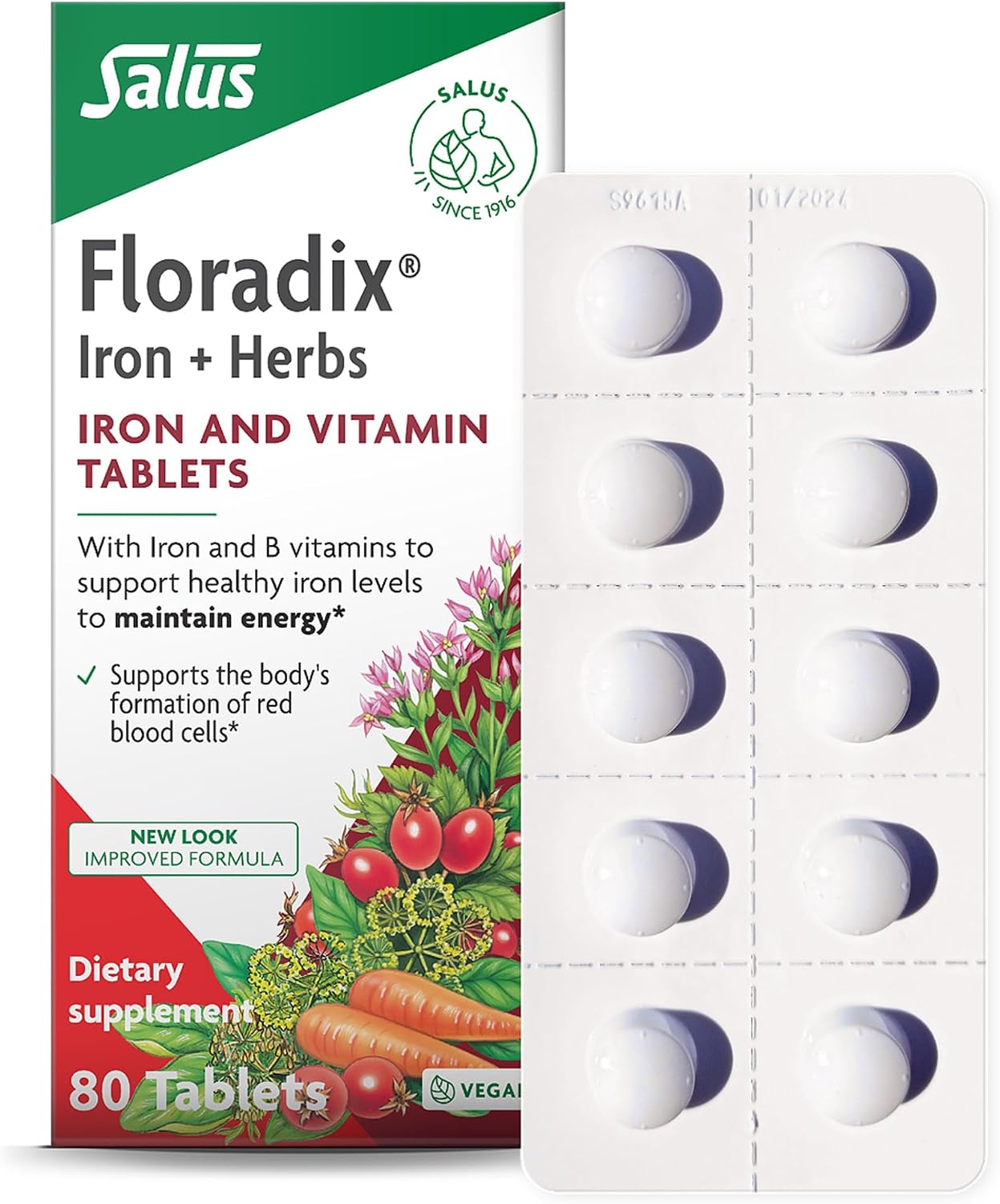 Floradix Iron Tablets Supplement, Vegetarian, Gluten-Free, 80 Tablets
