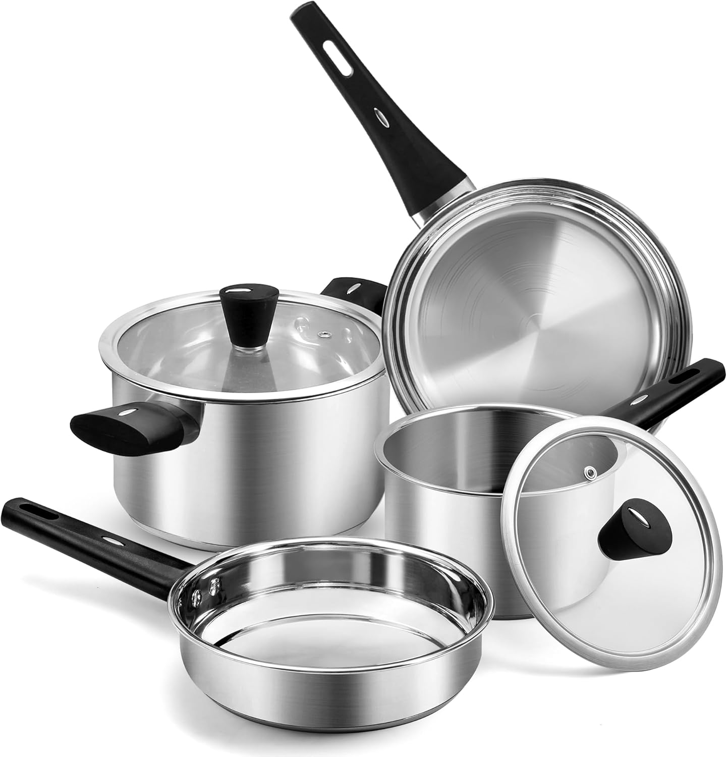 Stainless Steel Pots and Pans Set, 6-Piece Hob Pots Set & Frying Pans w/Lids Induction Kithchen Cookware Set for Healthy Cooking, Bakelite Handle, Uncoated & Easy to Clean, Suitable for All Stovetops