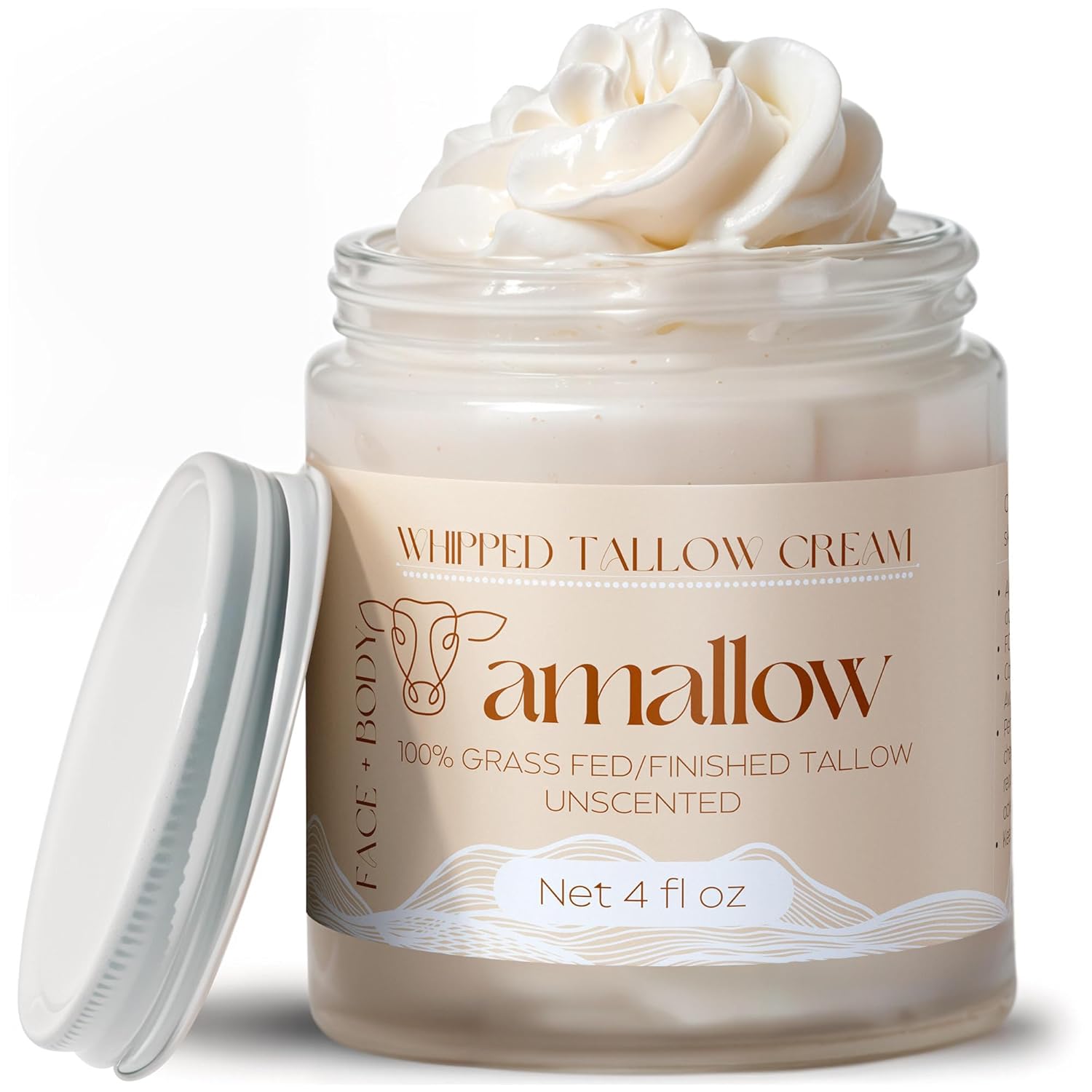 100% Grass Fed Beef Tallow for Skin Care - Face + Body - Whipped Moisturizer for Sensitive Skin - Natural Lotion, 4 FL. oz. (Unscented)