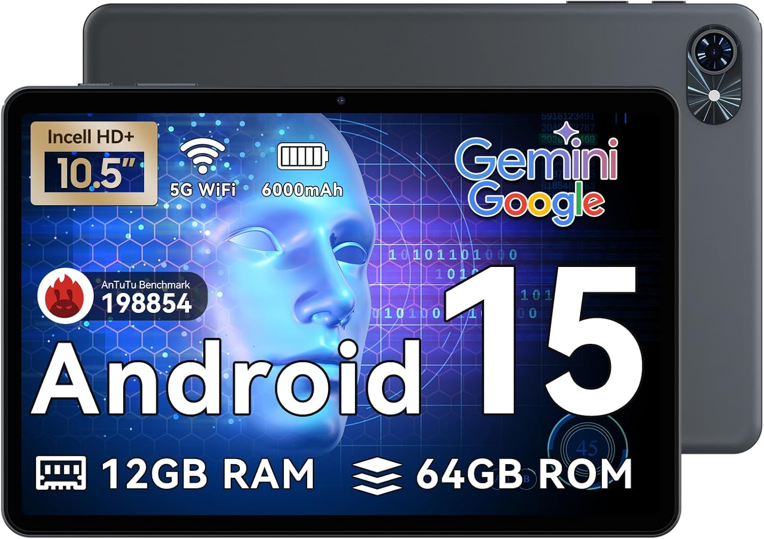 Tablet 2025 Latest Android 15 Tablets, 10.5 inch Tablet with HD+IPS Display, 12GB RAM+64GB ROM/ 2TB TF, Gemini AI 2.0, GPS, 5G WiFi, 2.0GHz CPU & 5MP Camera, 6000mAh, GMS Certified