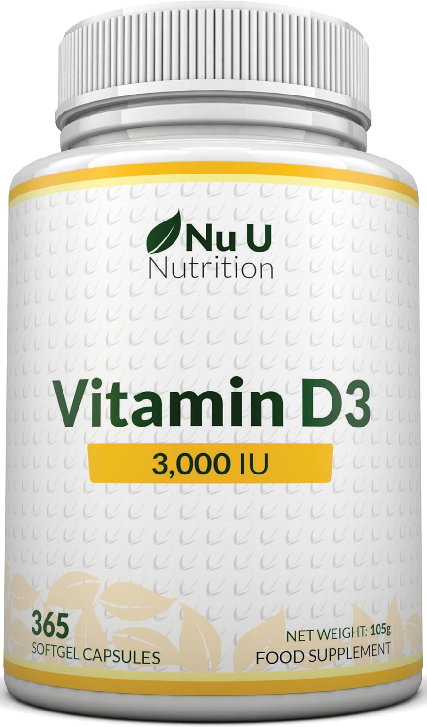 Vitamin D 3000IU - 365 Softgel Capsules - 1 Year Supply - Triple Strength Vitamin D3 Supplement - High Absorption Cholecalciferol - Made in the UK - Nu U Nutrition
