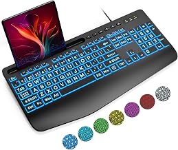 SABLUTE Large Print Backlit Computer Keyboards, Wired Lighted USB Keyboards with 7-Color Backlit, Wrist Rest, Phone Holder, Easy to Read and Type for Laptop, PC, Windows, Desktop