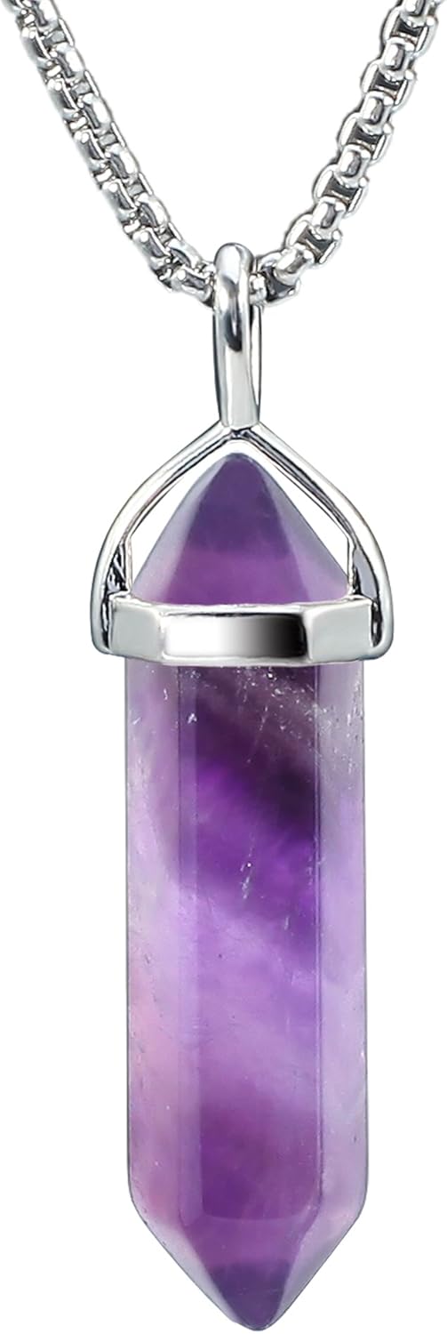 BEADNOVA Crystal Necklaces for Women Crystal Pendant Gemstone Necklace for Spiritual Energy Healing Hexagonal Pendant Divination for Men (18 Inches Stainless Chain)