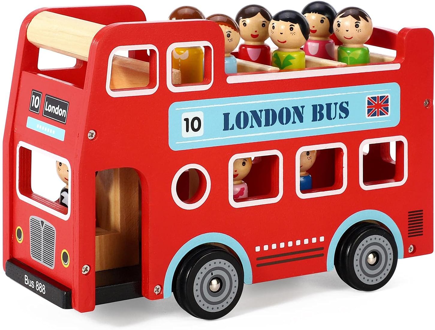SOKA Wooden Original Double Decker Red Classic London Sightseeing Bus with Driver & Passenger Figurines Toy Playing Set Miniature Display Model Figures for Kids Children Girls Boys Ages 3 year old +