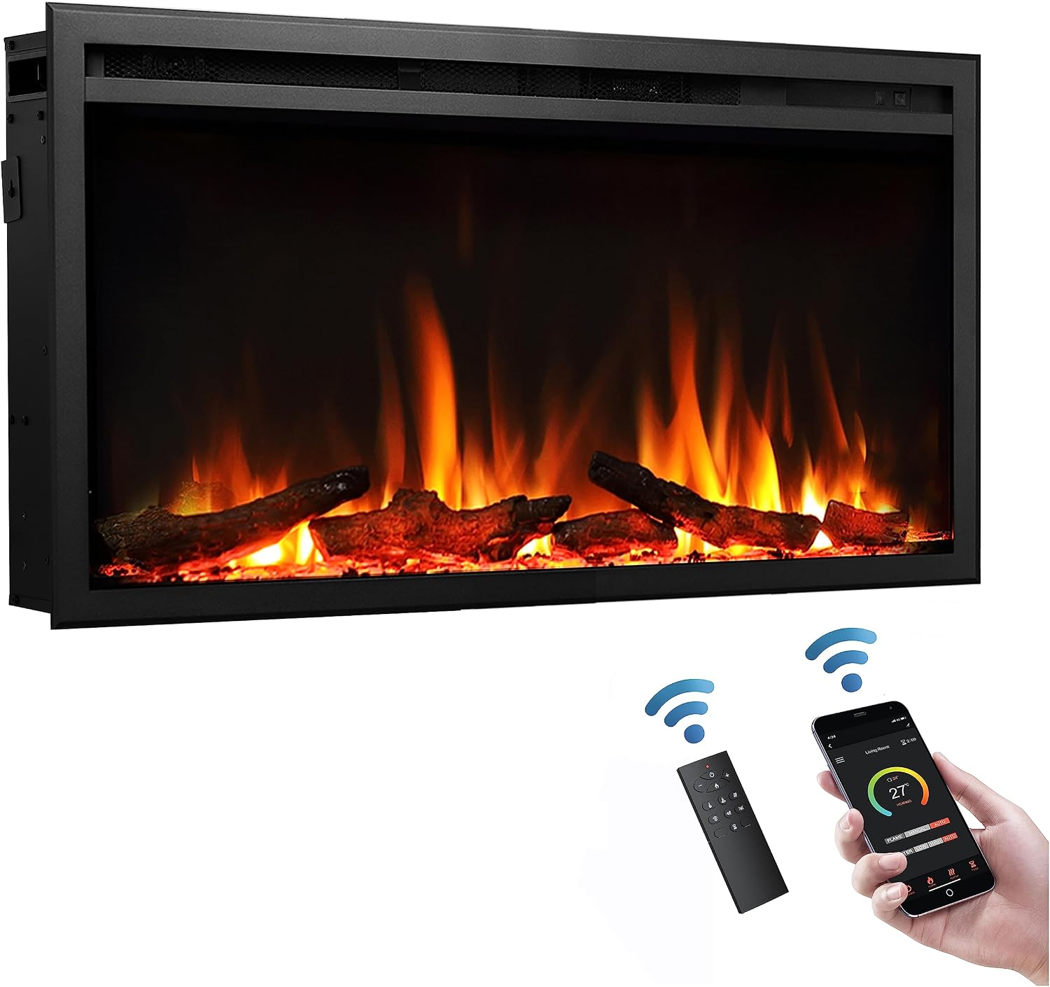FLAMME 33"/84cm Castello Slim Frame Recessed Media Wall Inset Electric Fireplace with Multi Flame Colours 750W/1500W