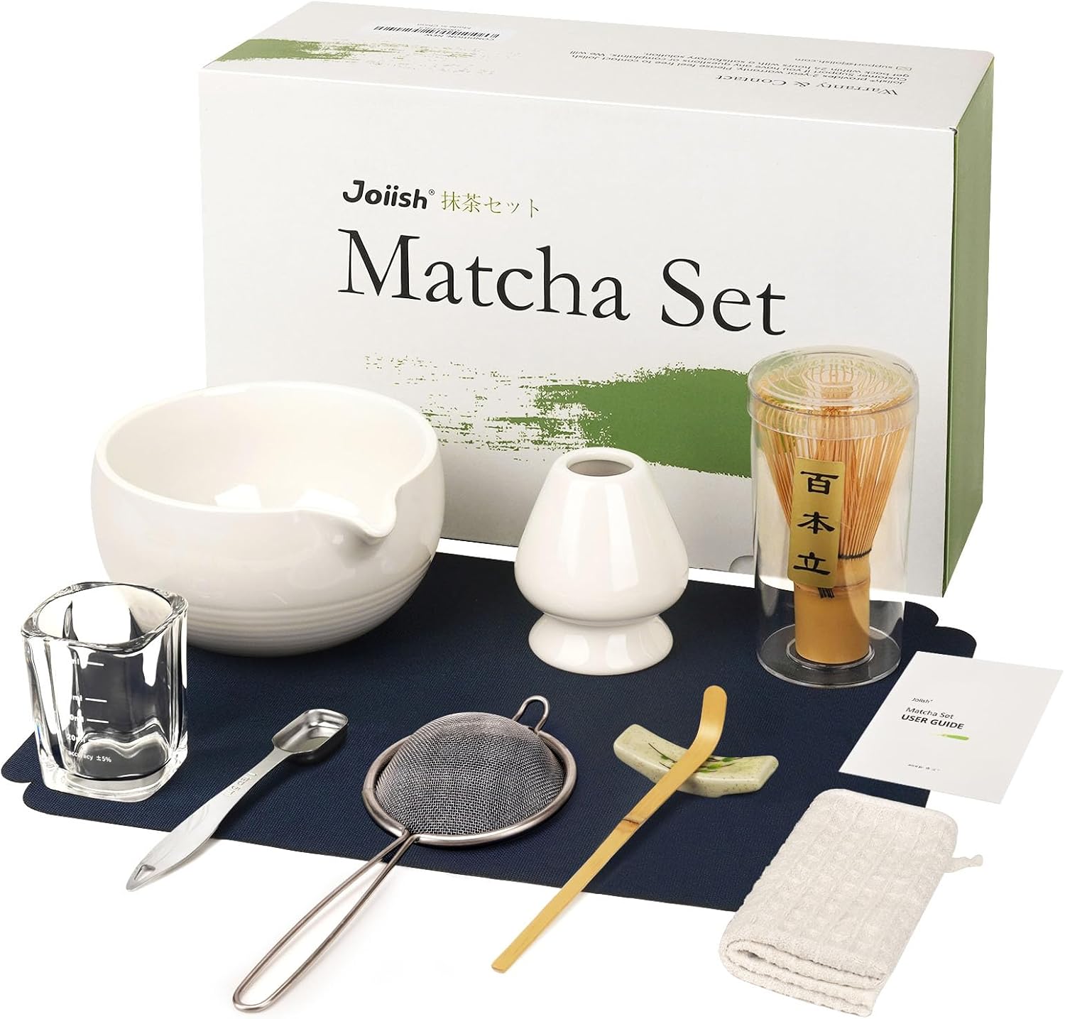 Joiish Matcha Tea Kit 10-Pcs Set, Whisk and Bowl with Spout & Measuring Spoon, Japanese Tea Making Tools, White
