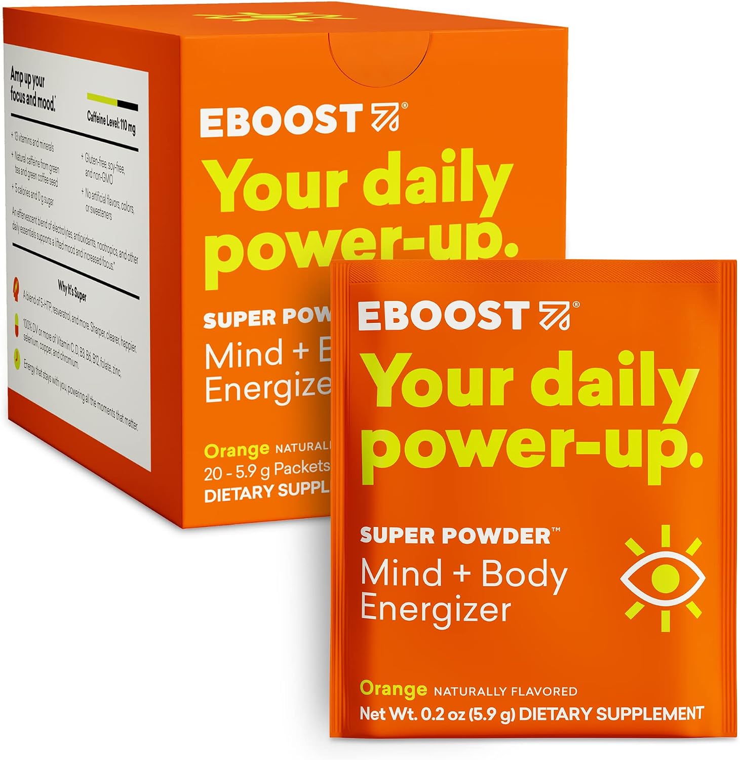 EBOOST Energy Drink & Electrolyte Powder, 20 Packets - Super Powder Orange with No Added Sugar - Essential Blend of Vitamins, Nootropics & Natural Caffeine and Hydration - Pre & Post Workout