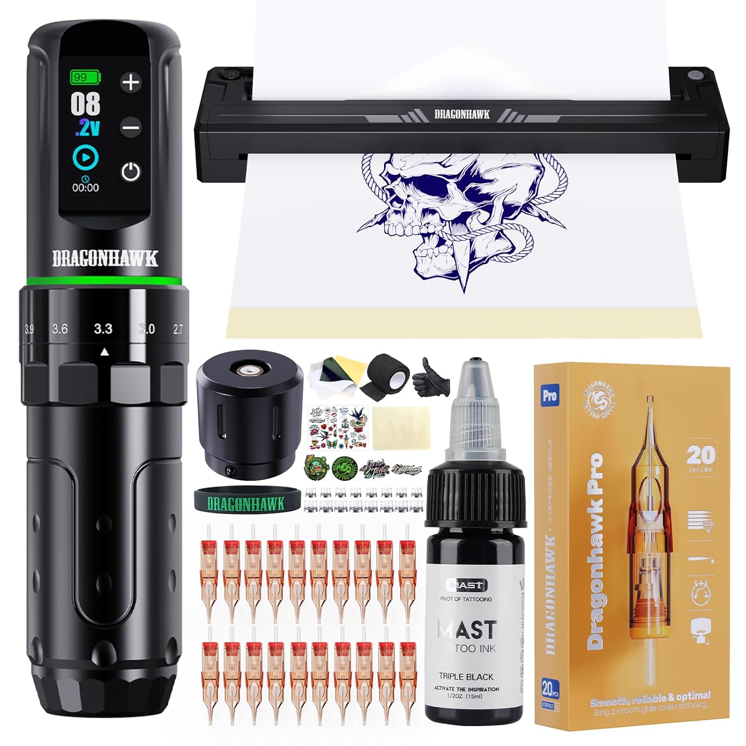 Dragonhawk L3 Wireless Tattoo Machine Kit with A4 Thermal Stencil Printer - Complete Starter Set for Beginners and Artists 7 Strokes 7hr Battery 20 Cartridge Needles Practice Skin Transfer Paper