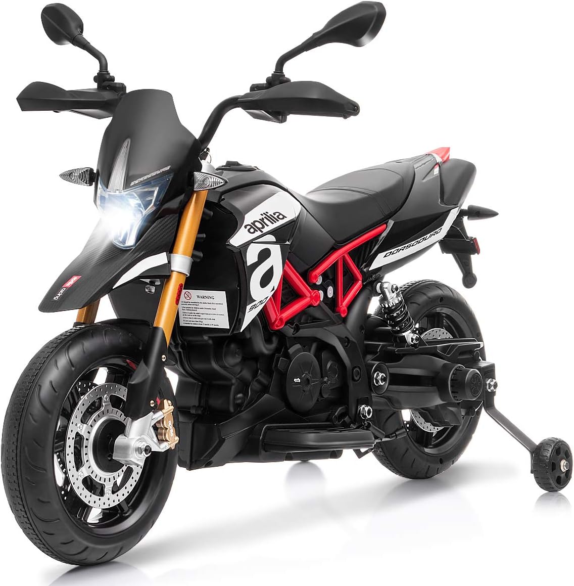 HONEY JOY Kids Motorcycle, 12V Aprilia Licensed Battery Powered Ride on Motorcycle w/Training Wheels, Headlight & Music, Foot Pedal, Spring Suspension, Electric Motorcycle for Boys Girls 2-8 (Black)