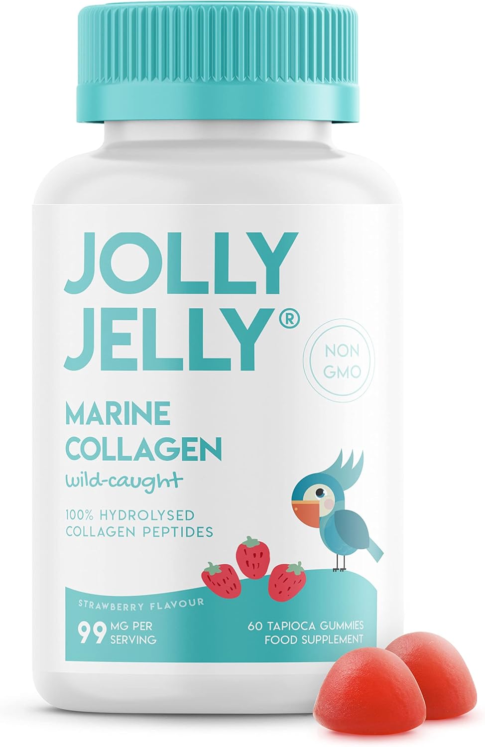 Marine Collagen Gummies by Jolly Jelly® - Wild-Caught Marine Collagen Tapioca Gummies - Type 1 Hydrolysed Collagen - Strawberry Flavour - 60 Gummies.