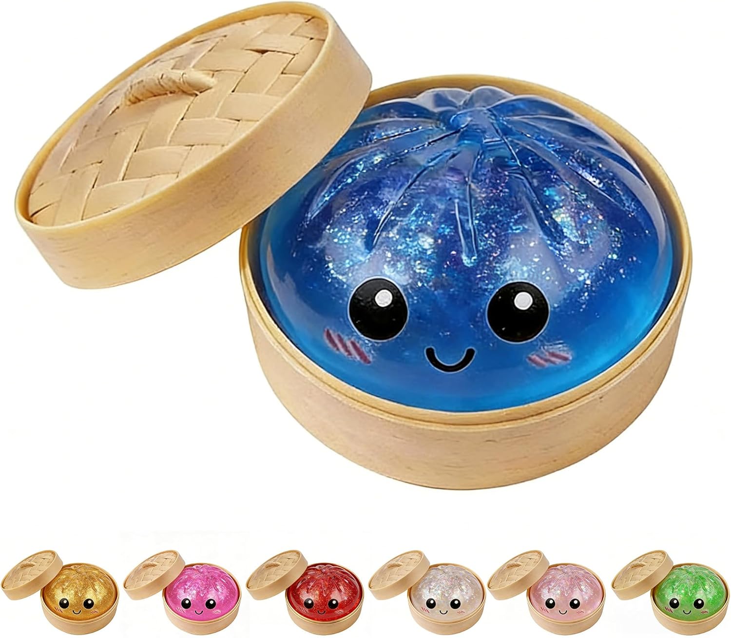 Dumpling Squishies, Glitter Dumpling Mystery Box, Colorful Dumplings Stress Balls Toy, Stocking Stuffers with Food Steamer Stretchy Desk Toys (Glitter Blue)