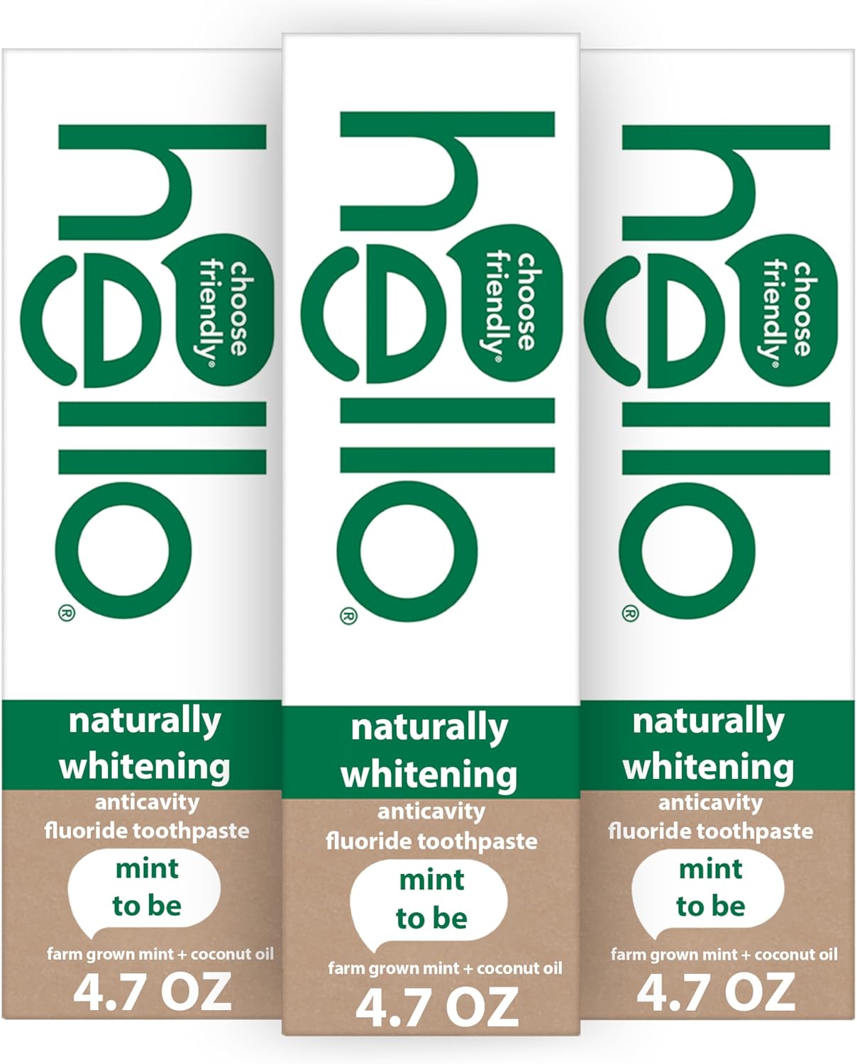 Hello Naturally Whitening Fluoride Toothpaste, Natural Peppermint Flavor and Tea Tree Oil, Peroxide Free, Gluten Free, SLS Free, 3 Pack, 4.7 OZ Tubes