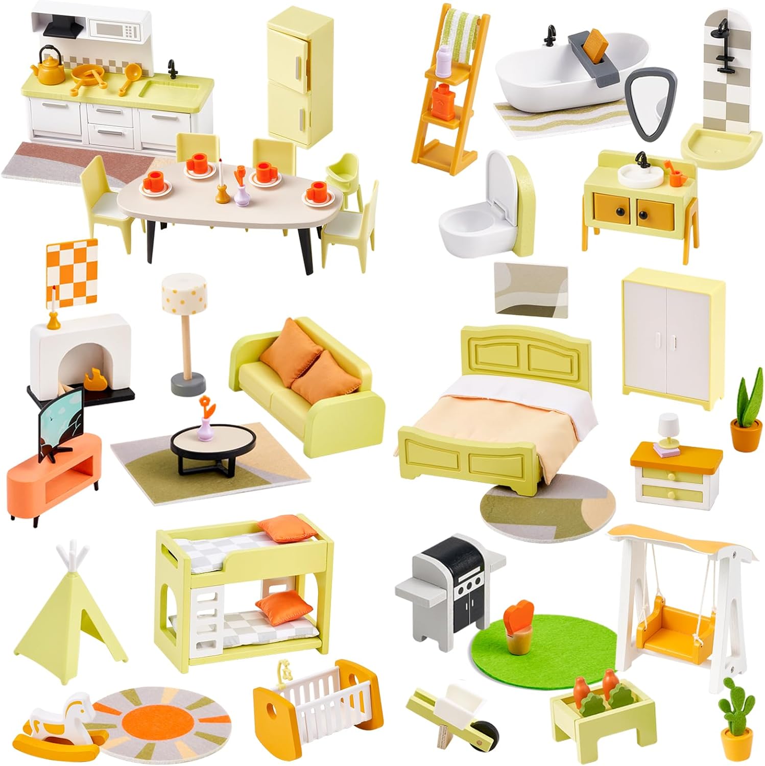 Giant bean Doll House Furniture Set, 85 Pieces Wooden Modern Dollhouse with 6 Rooms, Doll Accessories Toy for Boys, Girls and Toddlers 3+ Years