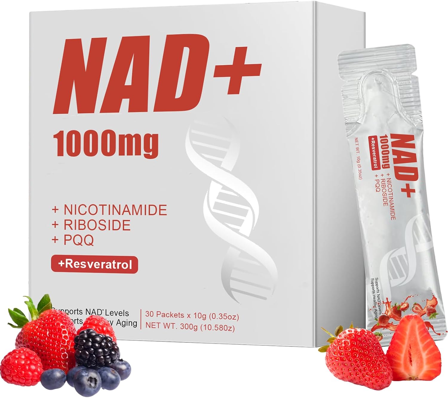 NAD 1000mg Liquid Packets - Nicotinamide Riboside Resveratrol Supplements with PQQ, NAD+ Berry Flavor Drink Mix for Skin Aging Support, Energy, and Focus - 30 Pack