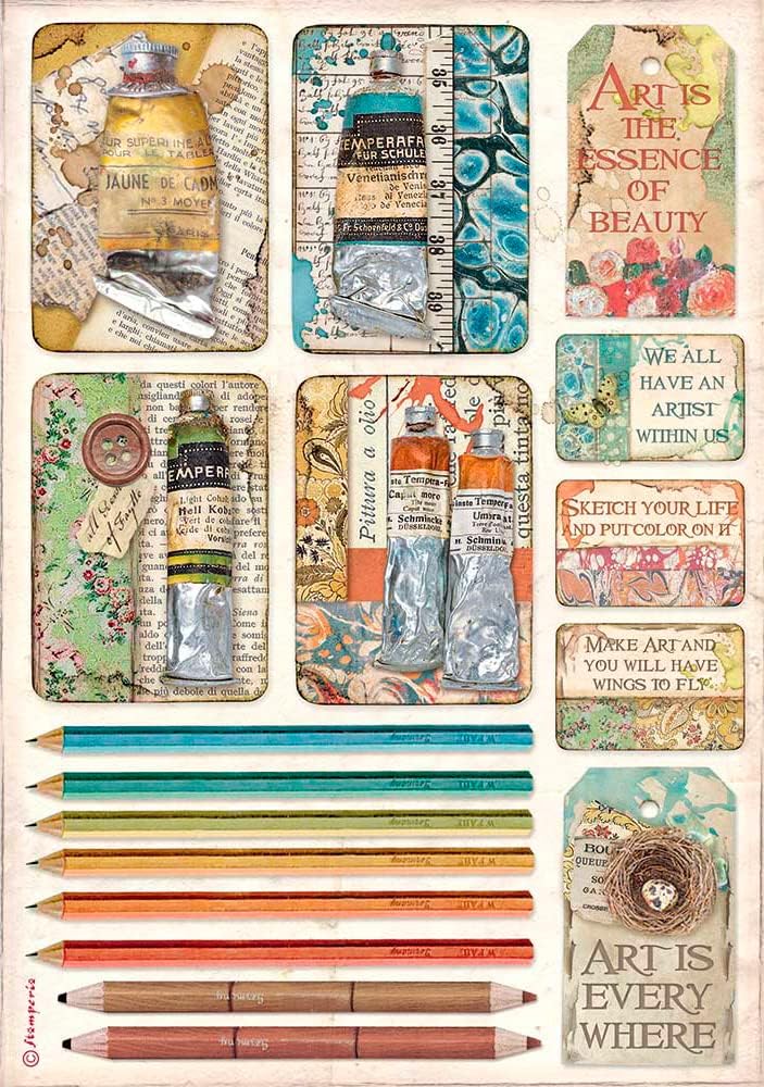 STAMPERIA INTERNATIONAL, KFT Stamperia-Rice Paper-Atelier Tubes of Paints and Pencils, Multicoloured, A4