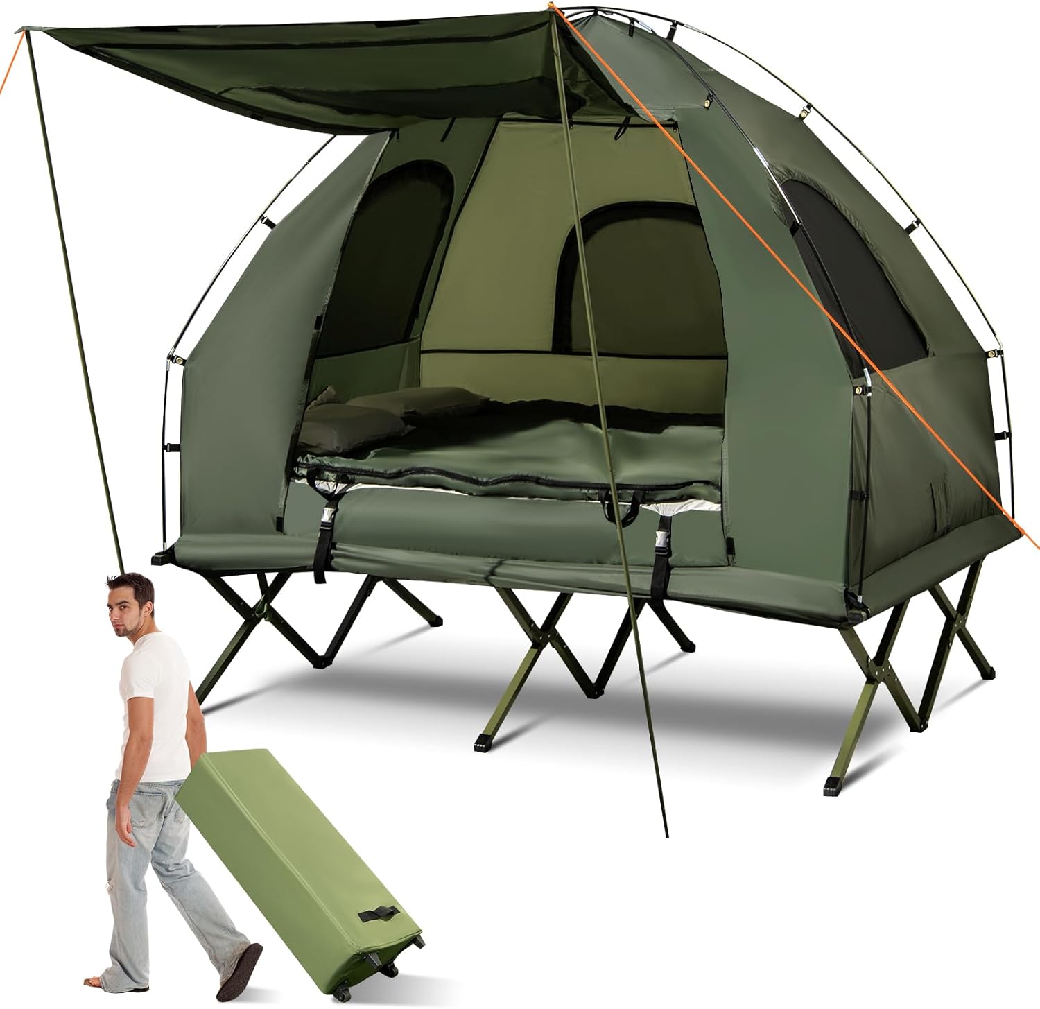 GYMAX Tent Cot, 5-in-1 Folding Camping Cot with Mattress & Pillows, Sleeping Bags, Sunshade, Camping Tent Elevated with Carrying Bag for Outdoor Hiking, Fishing, Picnic