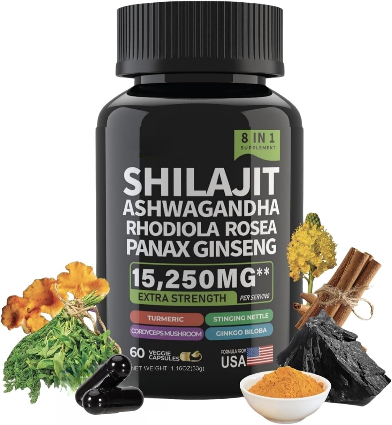 Shilajit Ashwagandha Capsules, 8-in-1 Herbal Multivitamin for Men and Women, with Rhodiola Rosea, Ginseng Turmeric, Mushroom Extract, for Immune Support, Energy, Calm, Focus, Clarity, Sleep (60 Count)
