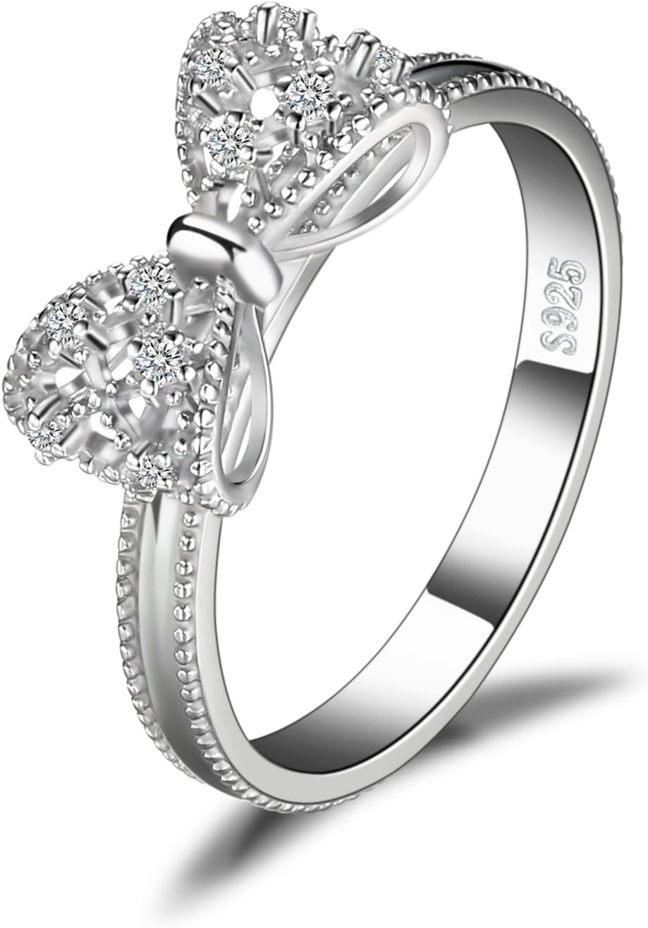 JewelryPalace 14k White Gold Plated 925 Sterling Silver Rings for Women, Cubic Zirconia Promise Rings for Her, Stackable Wedding Bands Rings for Women Bow Stacking Ring Sets
