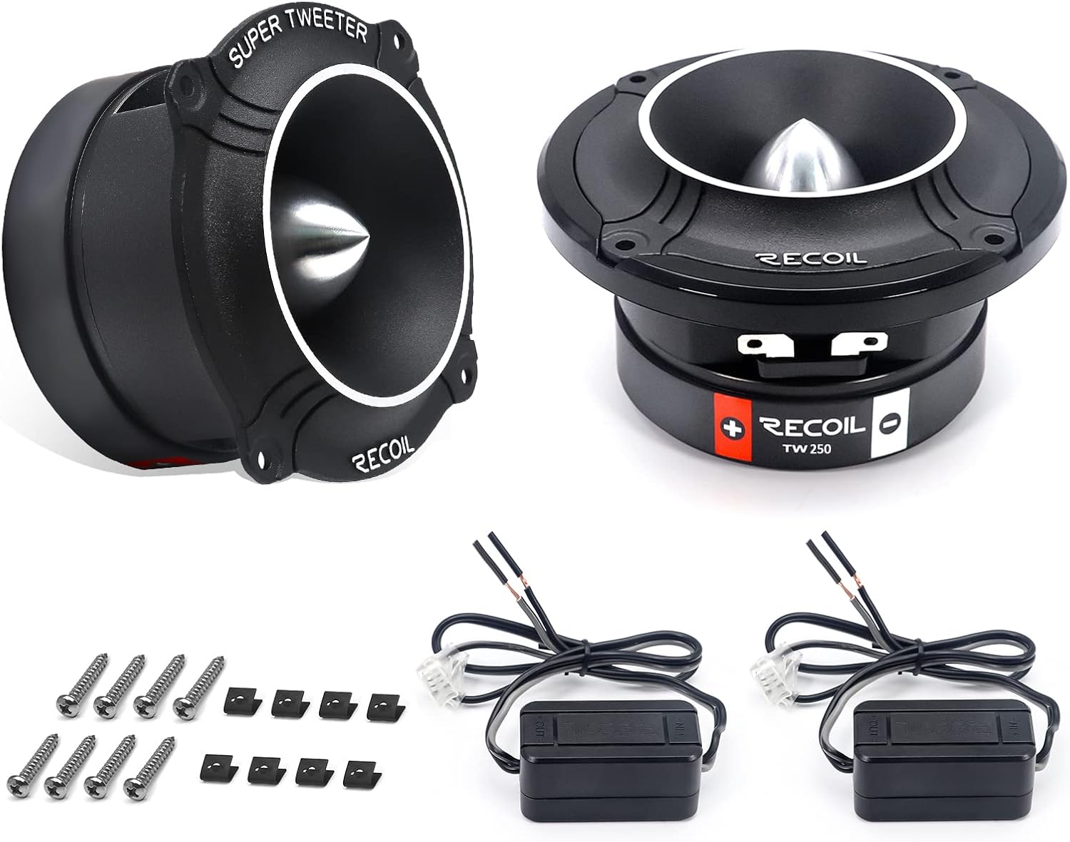 RECOIL TW250 High Compression Bullet Super Tweeters 3.5" (96mm) 400W Max | 200W RMS, 4 Ohm, 1" Kapton Voice Coil, Aluminium Frame & Diaphragm, In-Line Capacitor Crossover – Pair