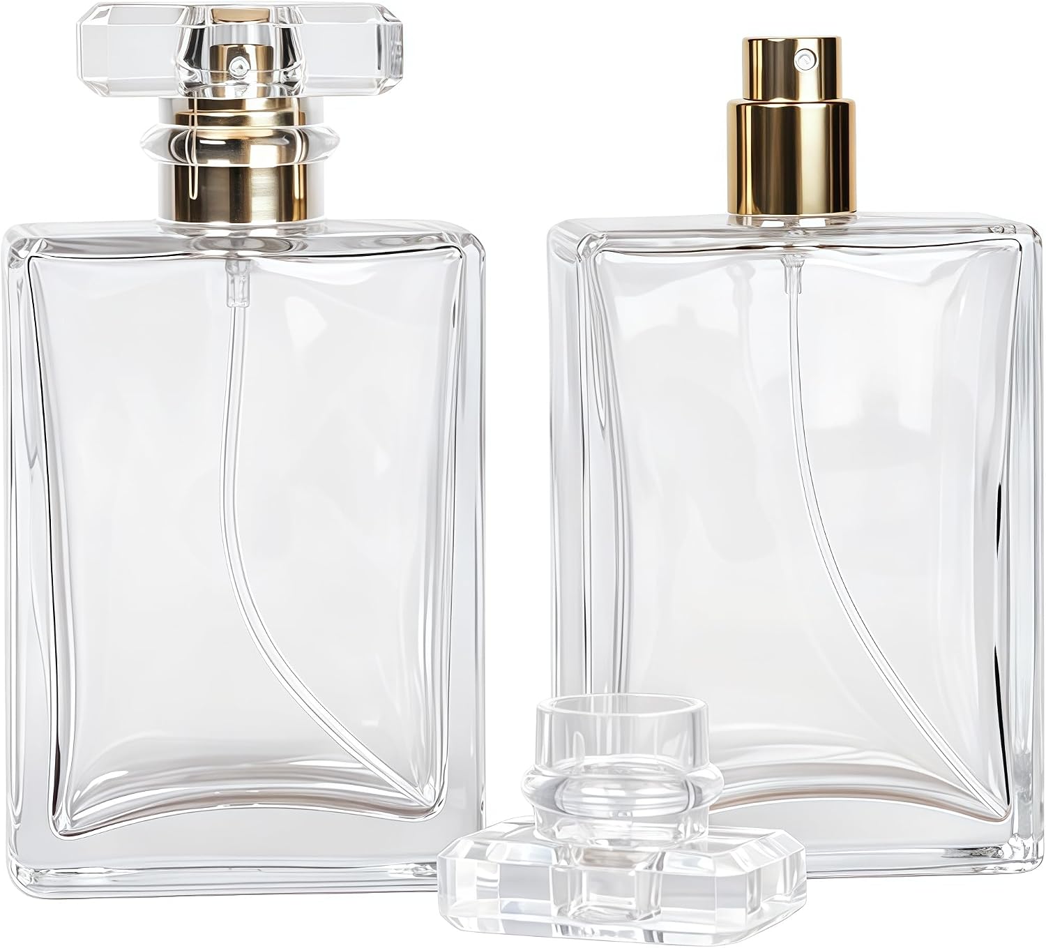 2 Pcs Clear Glass Perfume Atomizer,100ml Empty Refillable Perfume Spray Bottle for Men and Women,Portable Fragrance Fine Mist Spray Bottle Dispenser for Travel (Gold)