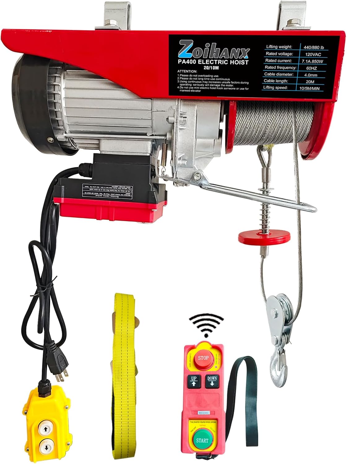 Electric Hoist 2 in 1,880 lbs 120V Electric Hoist Winch with 328ft Wireless Control Wired Remote Control,Single/Double Slings Steel Hoists for Garage Warehouse Factory