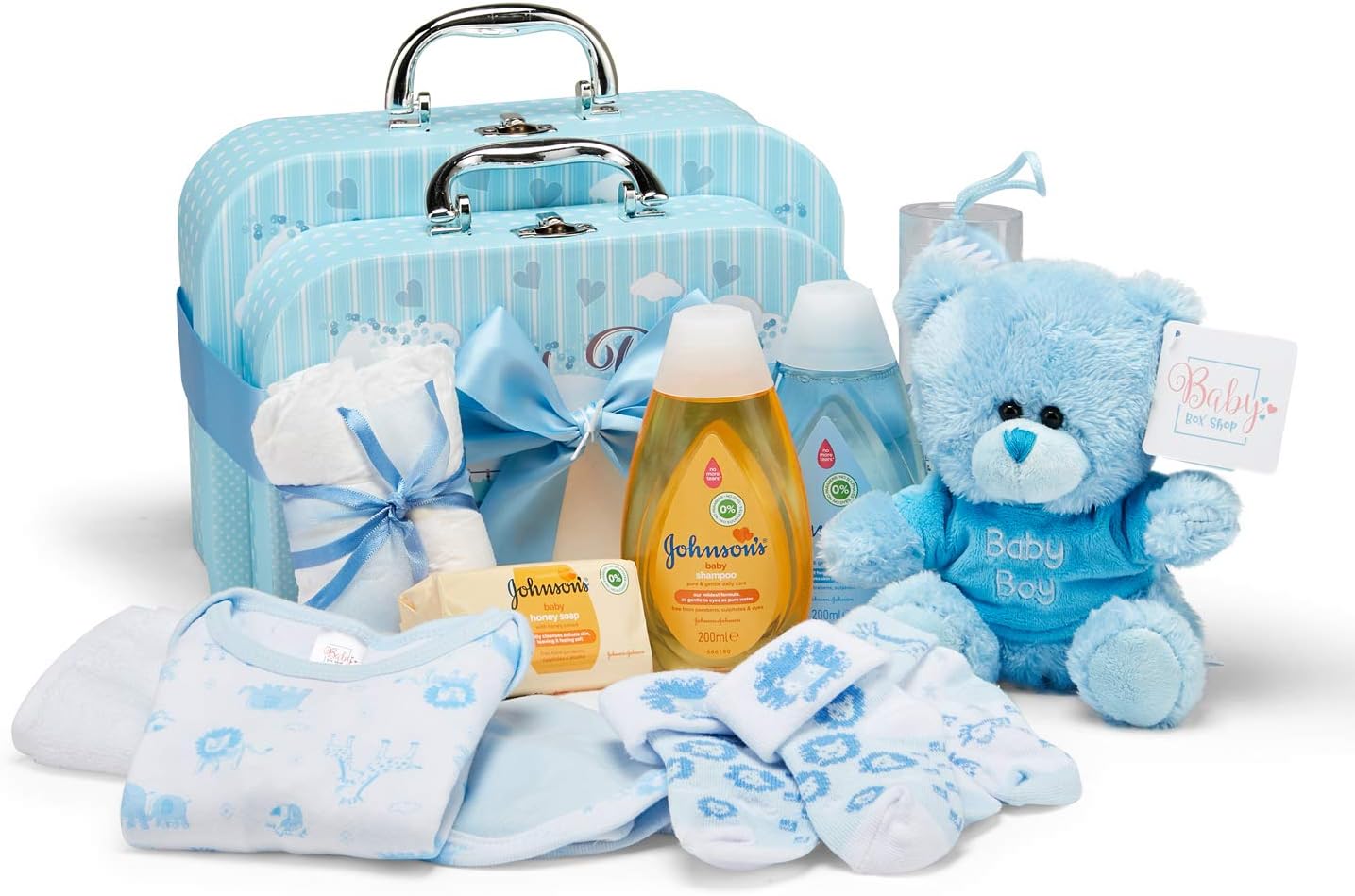 Newborn Baby Boy Hamper Gift - Hand Packed Set of Two Blue Suitcase Keepsake Boxes, Soft Plush Toy Bear, Brush, Sponge, Clothes and Essentials for New Mother Baby Showers