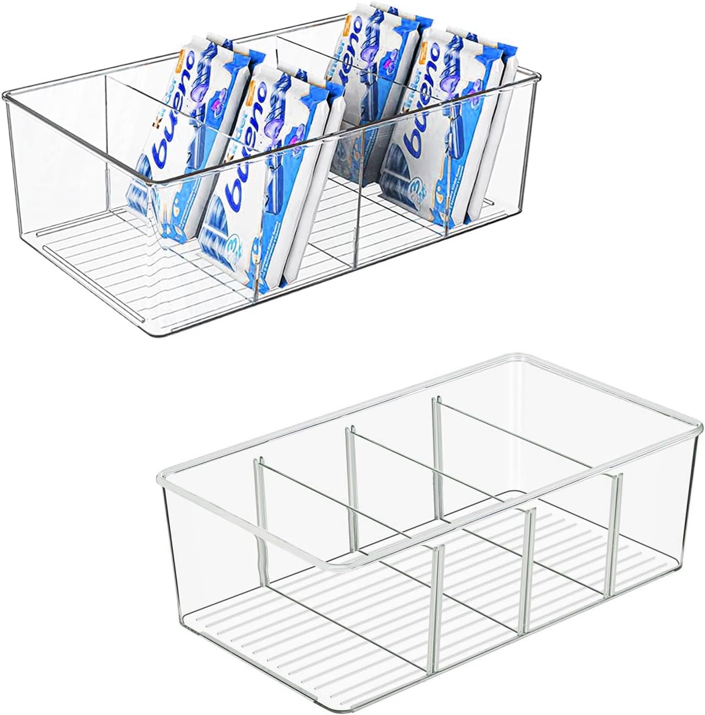 AIYULONG Plastic Pantry Organizers and Storage Bins with 3 Removable Dividers – Perfect kitchen storage & organisation – fridge & draw organisers, freezer storage boxes (2 PCS)