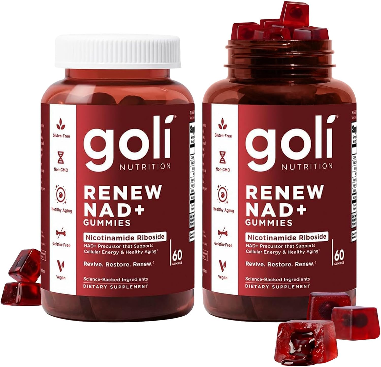 Goli World’s First Renew NAD+, 60 Count Each (2 Pack, 120 Total) – Nicotinamide Riboside (NR) – Cellular Energy & Healthy Aging Support – Vegan, Non-GMO, Gelatin-Free Liquid-Center Gummies