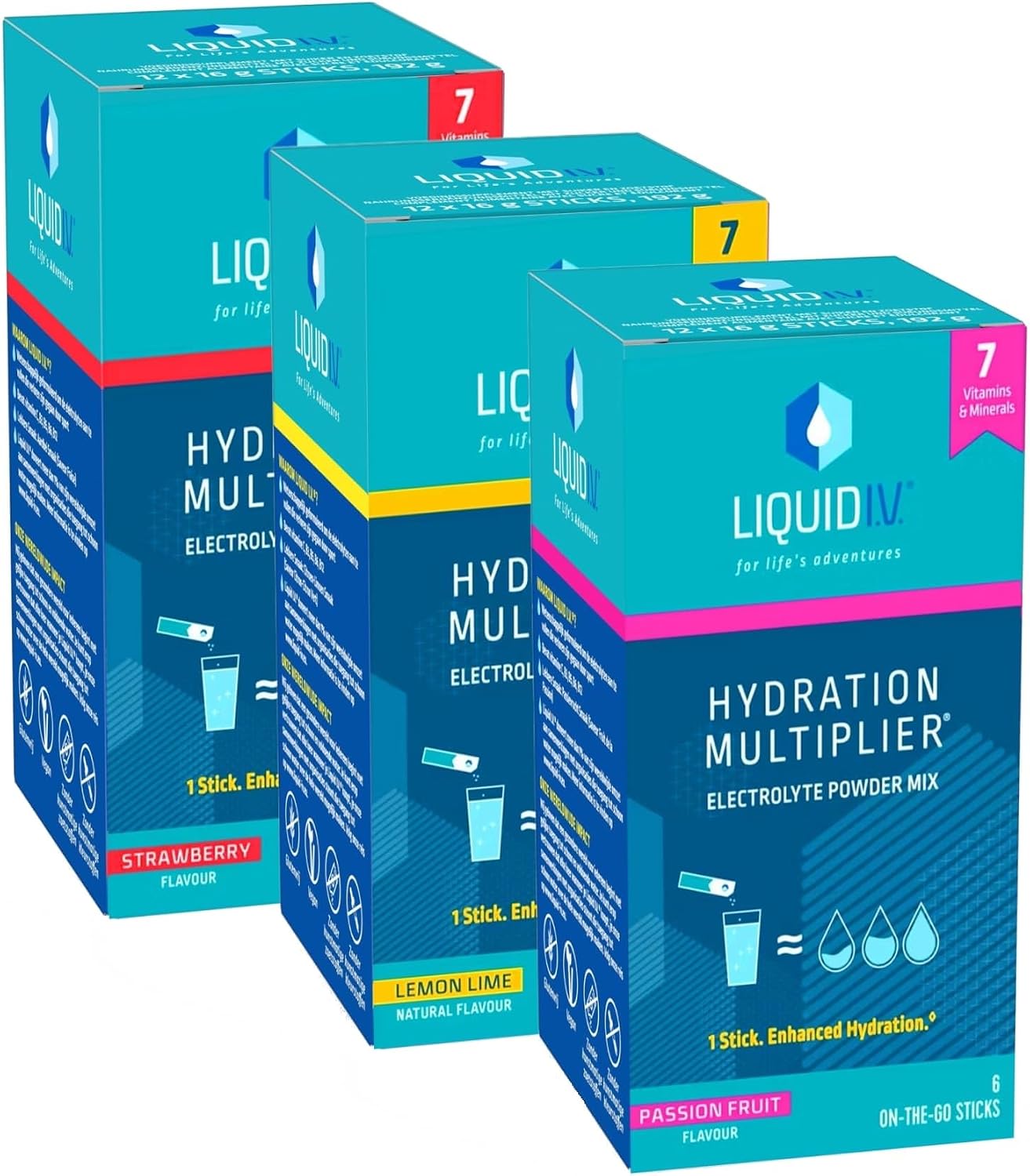Liquid I.V. Hydration Sachets | Lemon Lime + Passion Fruit + Strawberry | Electrolyte Powder Mix | 3 Pack (18 Sticks) | 7 Vitamins and Minerals | Vegan