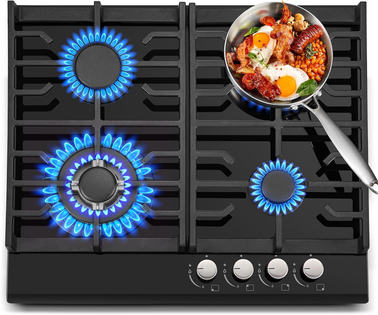 Gas Hob 4 burners, 60cm Black Glass Gas Hob, Built in Gas Cooktop with Cast Iron Supports, NG/LPG Convertible, Gas Hob Cooker with Flame Out Protection