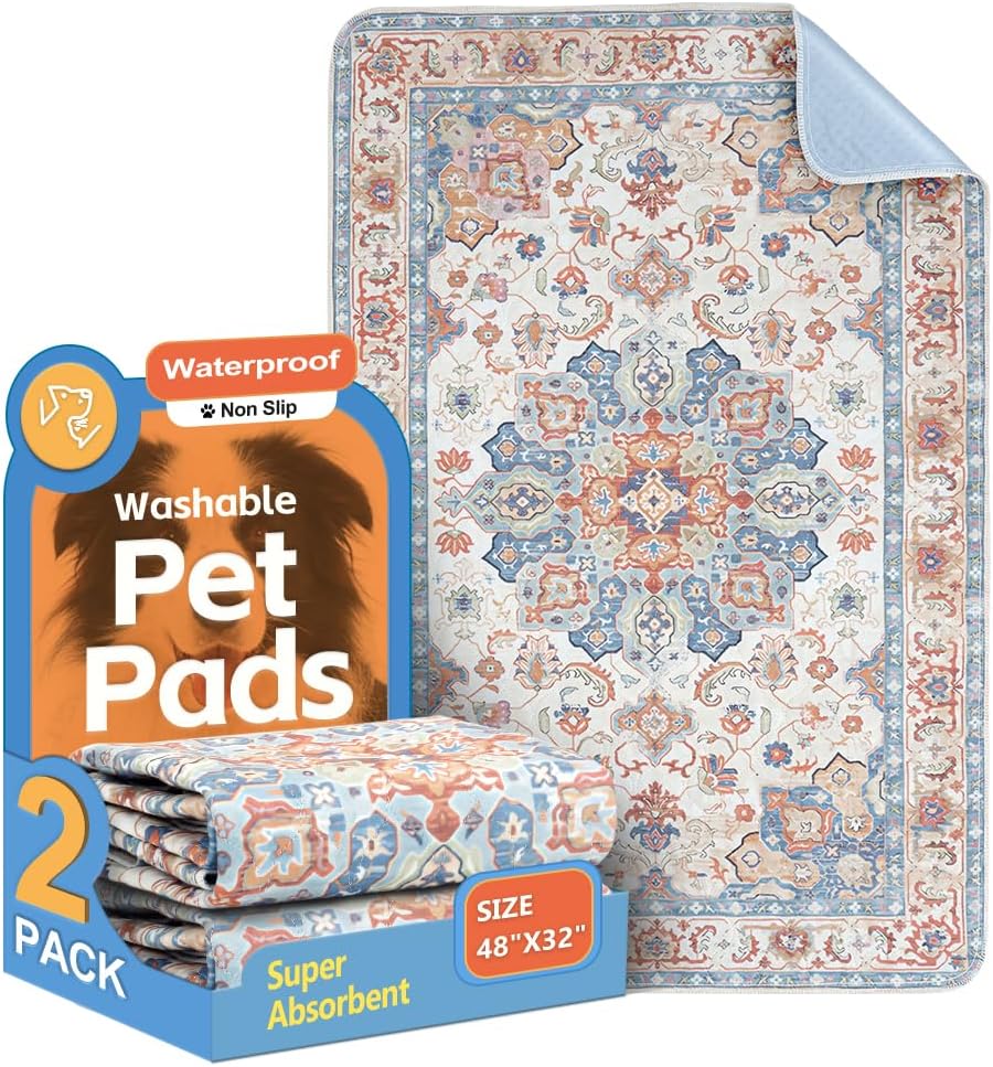 Washable Pee Pads for Dogs, 2 Pack Reusable Puppy Training Pads 122x81cm Super Absorbent Waterproof Dog Training Pads, Non-Slip Potty Pads for Floor, Crate, Whelping Pads Litter Mat Pet Supplies