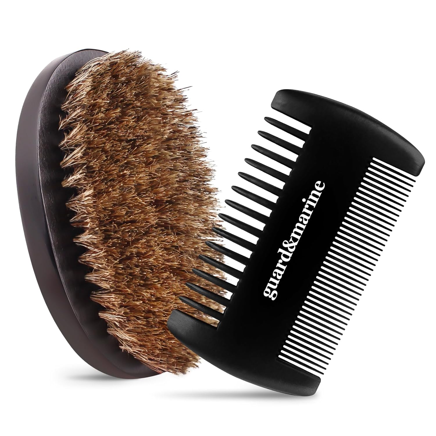 GUARD&MARINE Beard Brush & Comb Set - Natural Boar Bristle Wooden Brush & Beechwood Comb Kit for Men's Beard and Mustache Care and Shaping (Black)