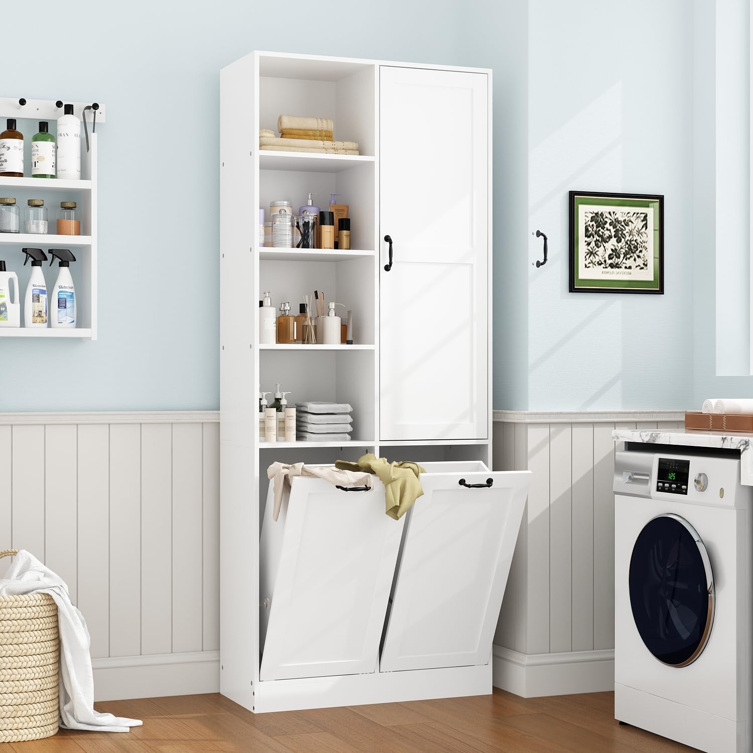 Double Tilt Out Laundry Hamper, Hidden Laundry Hamper Cabinet with Adjustable Shelves & 2 Tilt Out Trash Cabinets (14 Gallon Each) for Bathroom Kitchen, White 1 Door