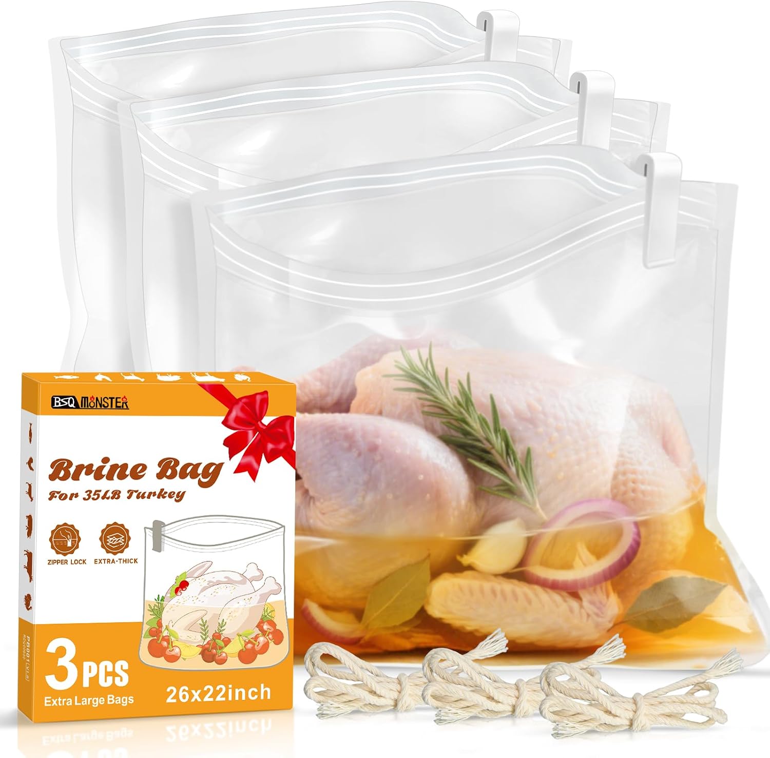 Turkey Brine Bag, Brining Bags for Turkey 25LB and Above with 3 Strings and Clips, Father Day Gift for Dad Mom Men Love Cooking in Kitchen, 26"x 22" Size Used for Marinating Turkey and Meat; 3PCS
