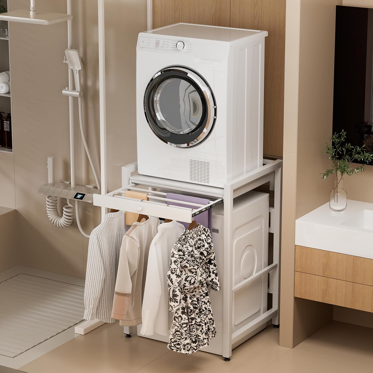 Washer Dryer Stand Stacking Kit, Tumble Dryer Stacking Kit with Sliding Shelf Countertop, Space Saving, 200KG Load Capacity, Washing Machine Storage Unit for Laundry Room (White)