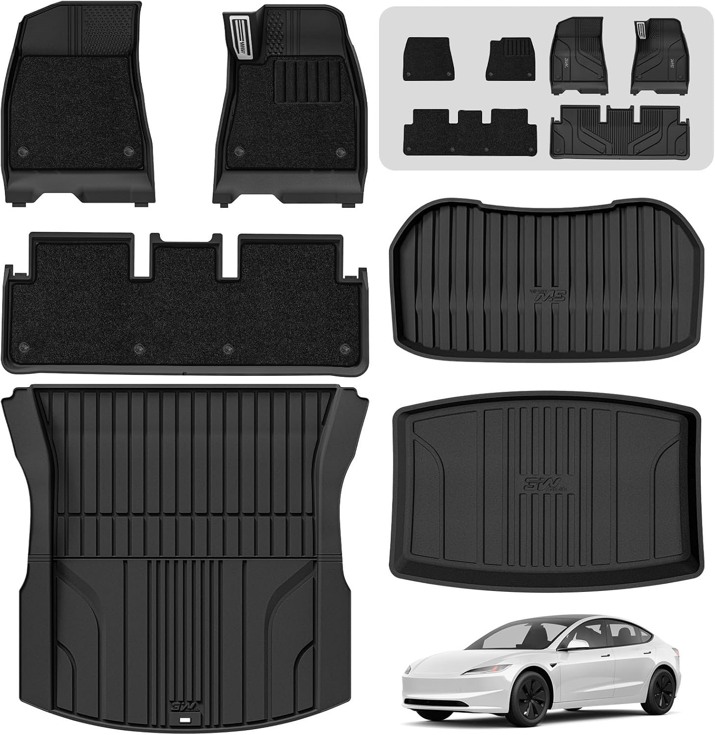 3W 2-Layer Floor Mats & Boot Liner Fit for 2024-2026 Tesla Model 3 Highland, Odorless Thoex™ All Weather Premium Car Carpets Liner, Waterproof Anti-Slip Easy to Clean Heavy Duty Tesla Accessories