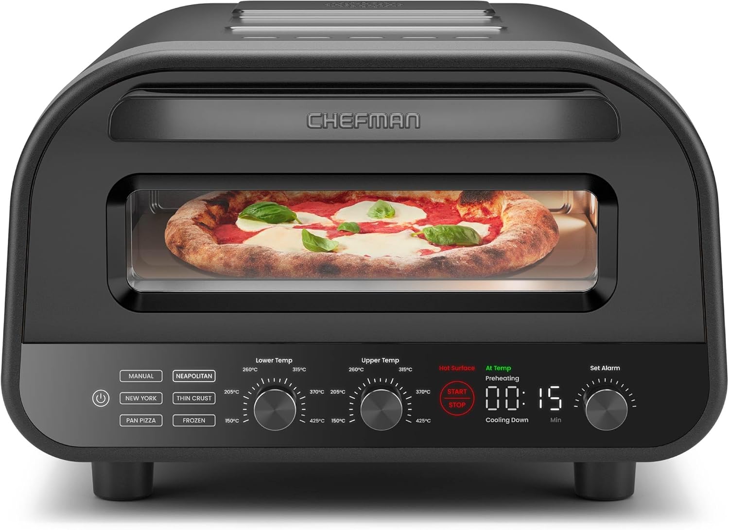 CHEFMAN Electric Indoor Pizza Oven, 30cm Portable Kitchen Countertop Pizza Maker with Neapolitan, New York Style, Thin-Crust, Pan Presets, Stone, Peel, Brush, Storage Cover, Cookbook Included, Black
