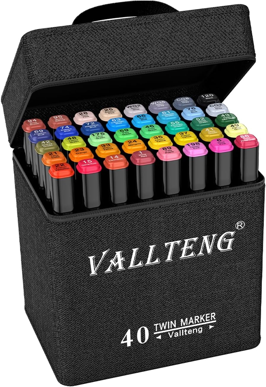 Vallteng 40 Colours Graphic Marker Pen,Artist Necessary Permanent Art Markers Twin Marker Pen Animation Design for Drawing Coloring Highlighting and Underlining with Black Bag