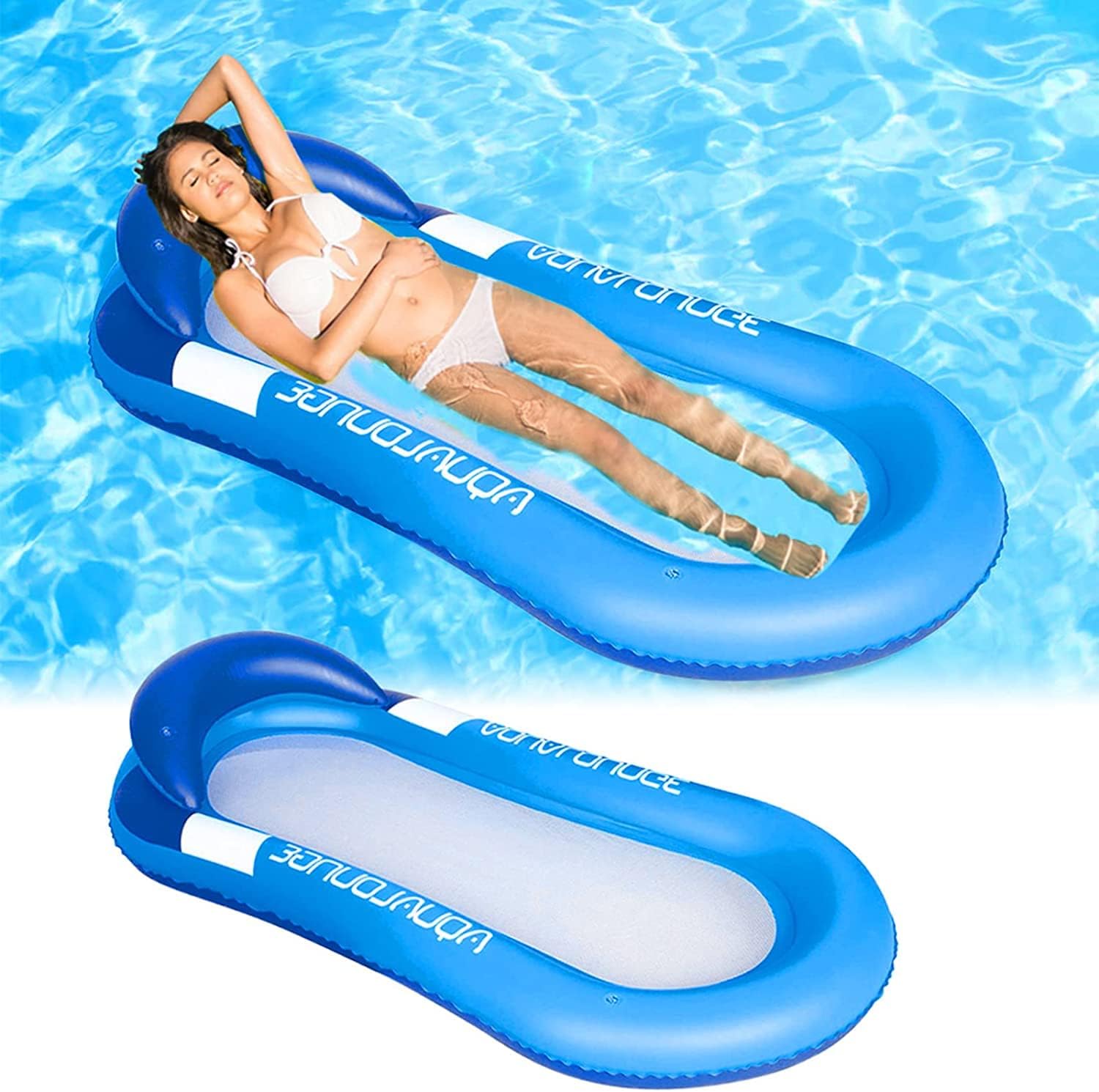 Lilo Pool Inflatables Adults Pool Float Toys, Comfy Pillow Headrest, Mesh Bottom Mattress Bed, Swimming Pool Relax Hammock Lilo Lounger for Sunbath Tanning, Summer Holiday Sea Beach Water Fun