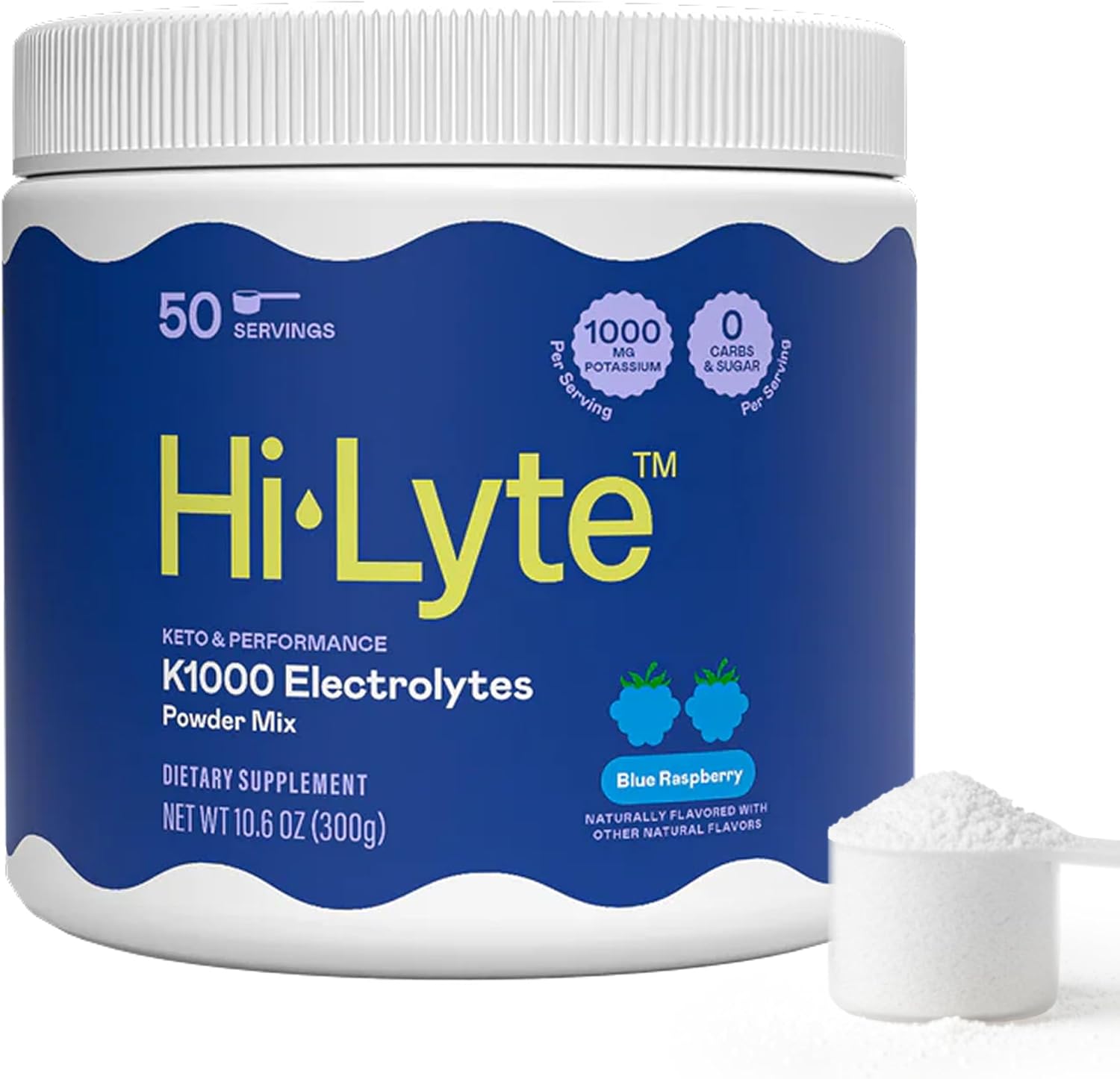 Hi-Lyte K1000 Blue Raspberry Electrolytes Powder, 50 Servings - 1000mg Potassium + Magnesium, Sodium, Trace Minerals - 0 Carbs, 0 Sugar