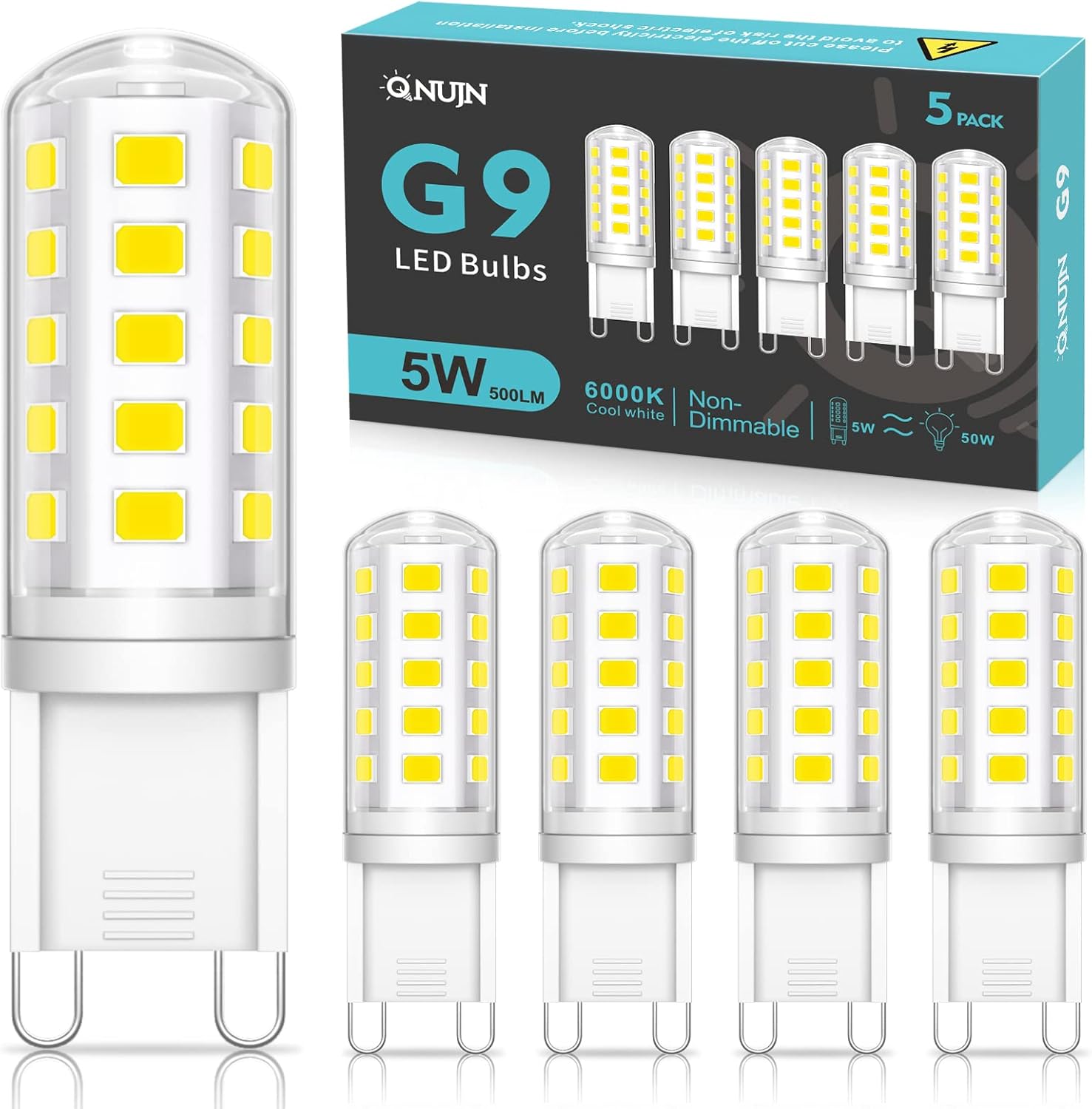 QNUJN G9 Led Bulbs Cool White, 5W, 500LM, 6000K, Equivalent to 50W Halogen, Non-Dimmable Energy Saving Light Bulb for Home Lighting Decor, Chandelier, Wall Light, Crystal Lamp-5 Packs
