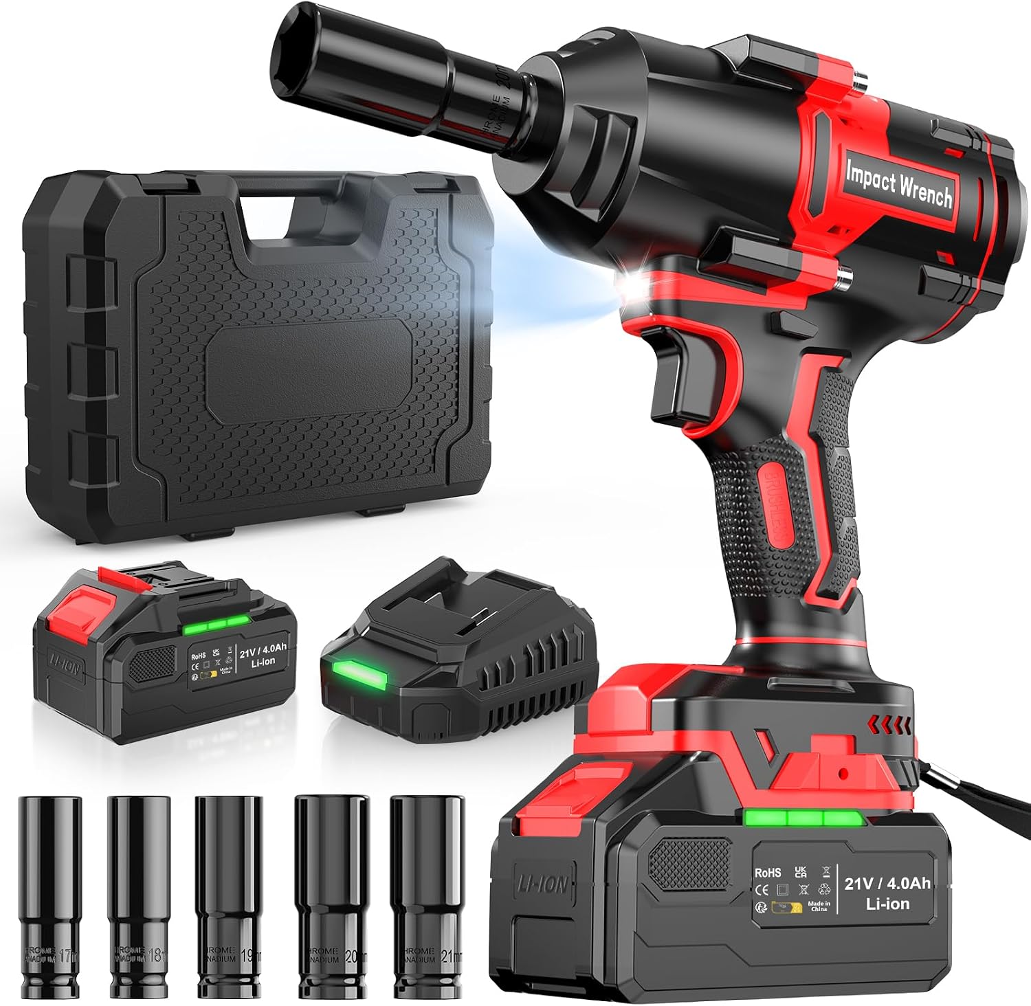 Bamse Impact Wrench Cordless, 1/2" Brushless Impact Driver 21V, 738Ft-lbs(1000N.m) High Torque Electric Impact Gun with Battery 4000mAh,Fast Charger & 5 Sockets,Power Impact Driver for Car and Home