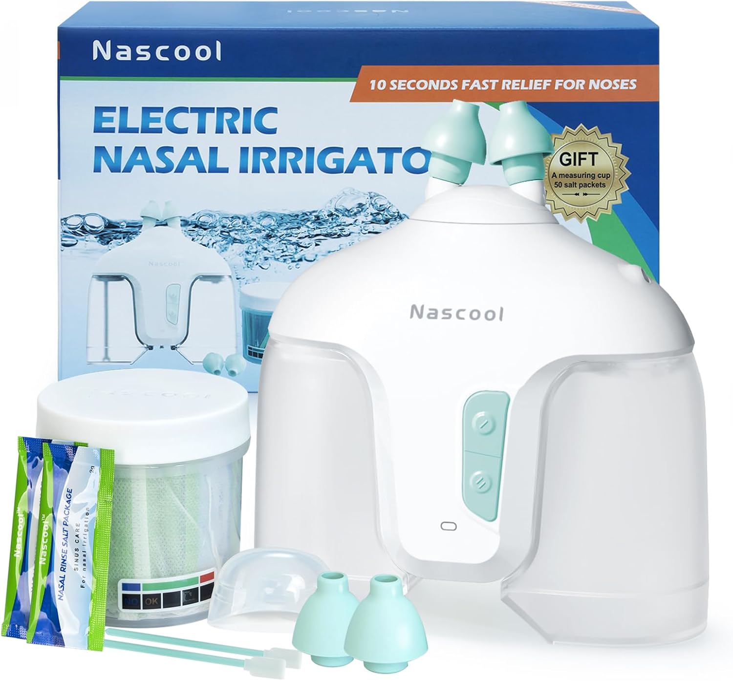 Nascool Electric Nasal Irrigation System with 50 Salt Packets, 2 Modes Nose Cleaner with SelfCleaning & Auto Waste Collection Function for Sinus Relief Runny Nose, Nasal Congestion, Itching Nose