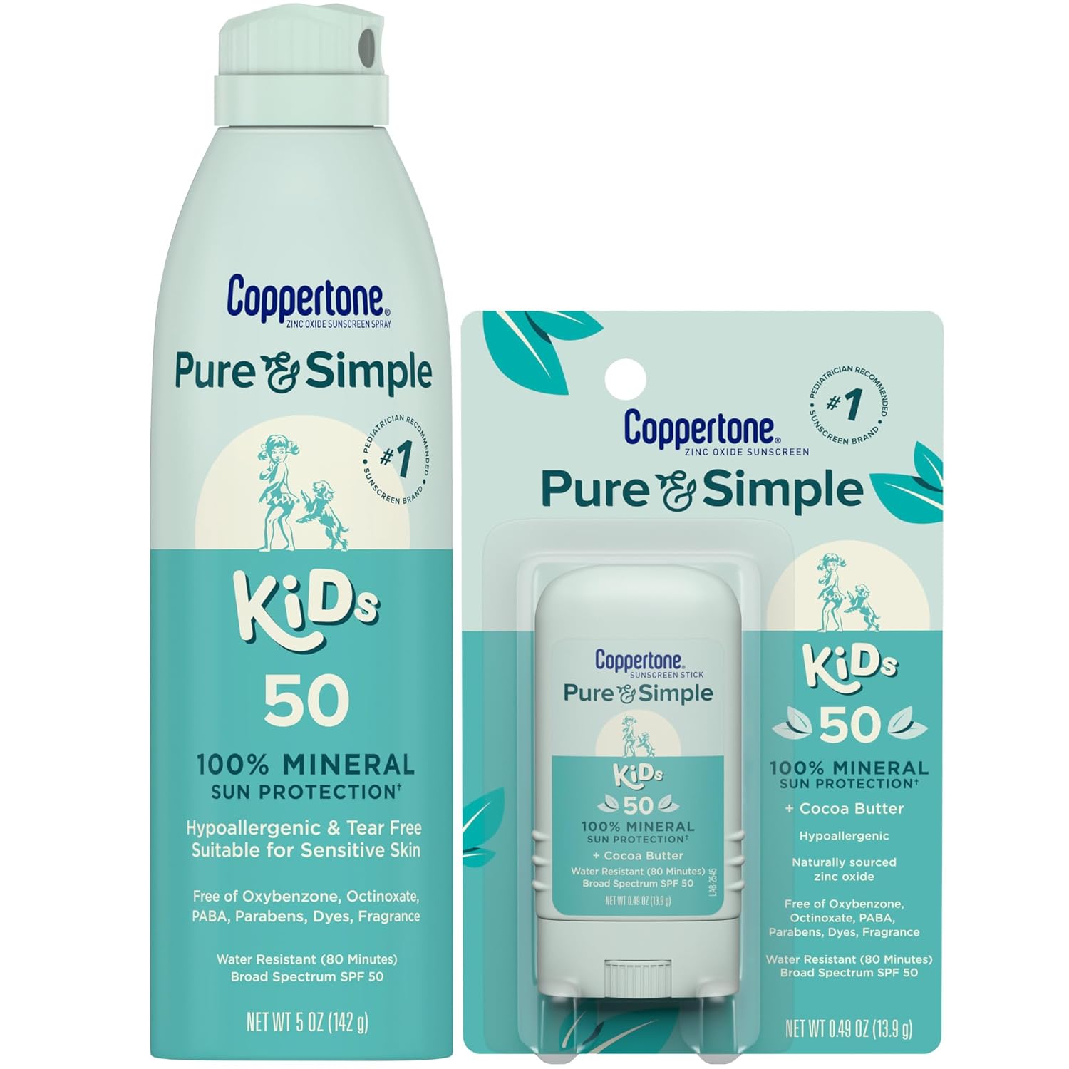Coppertone Pure and Simple Kids Mineral Sunscreen Spray SPF 50 (5 Oz) + Kids Sunscreen Stick SPF 50 (0.49 Oz), Hypoallergenic, Fragrance Free, Tear Free Sunblock with Zinc Oxide