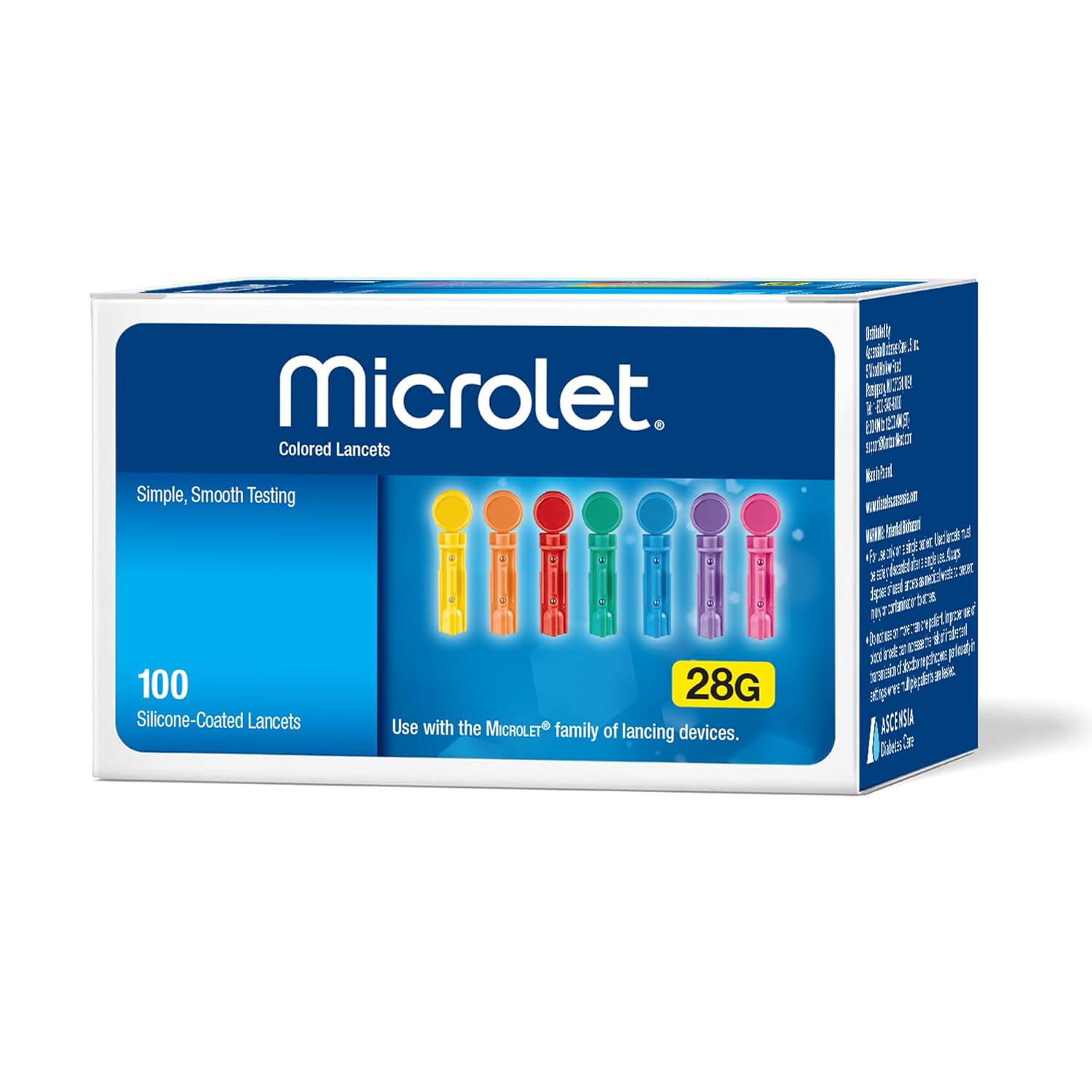 Ascensia MICROLET Lancets for Glucose Blood Testing (100 Count) 28-Gauge Silicone-Coated, Multi-Colored, Sterile, Single Use Lancets for Diabetes Blood Glucose Testing