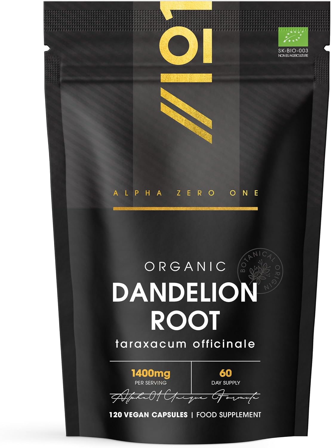 Organic Dandelion Root 1400mg – 120 Vegan Capsules – High Strength Taraxacum Officinale (2 Months Supply) – Resealable and Recyclable Pouch – by Alpha01