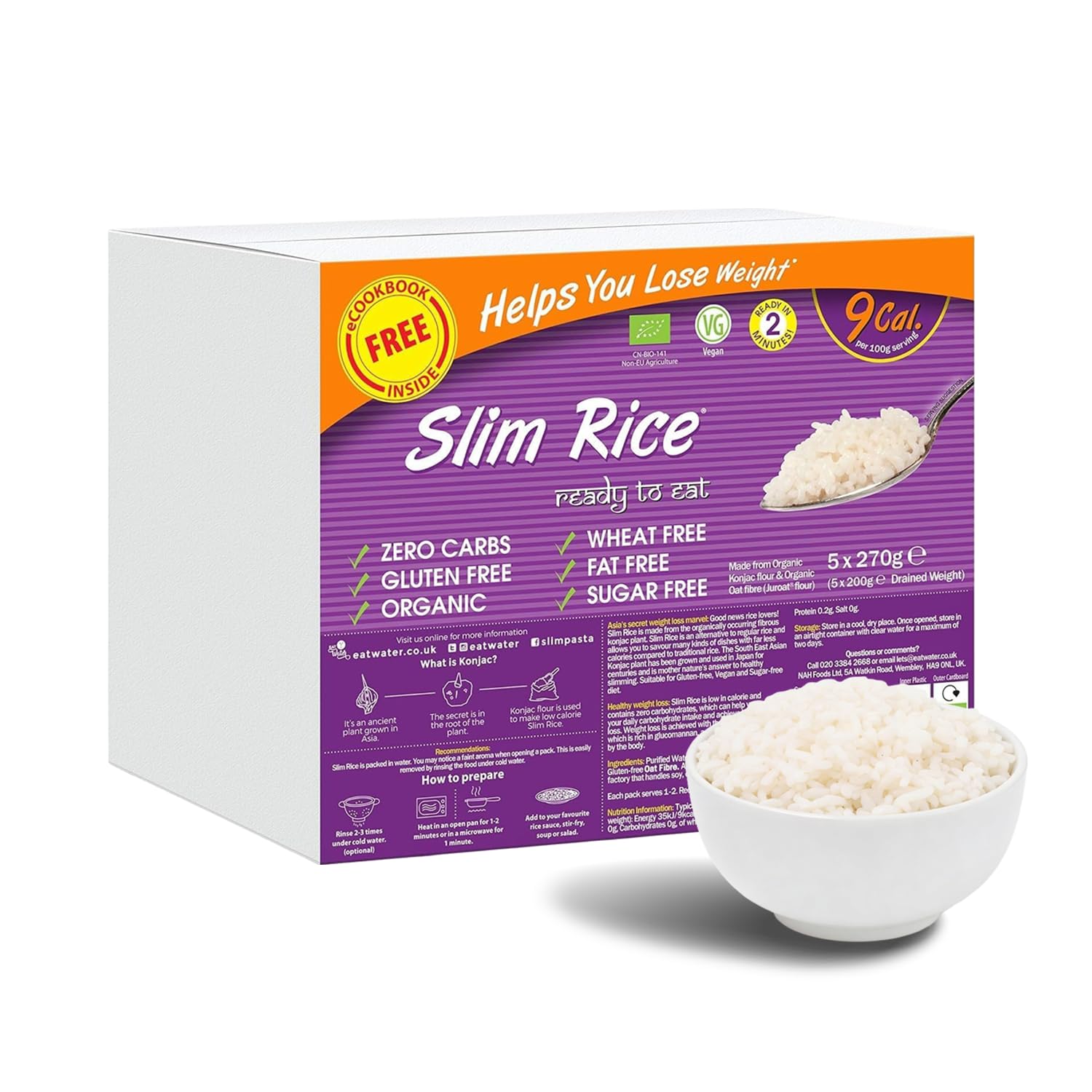 Eat Water Keto Slim Rice (Enviro Pack of 5 x 270g) Instant Organic Konjac Rice, Zero Carb, Low Calorie, Gluten, Fat & Sugar Free, Ready to Eat, Vegan High Fibre Food for Balanced Diet