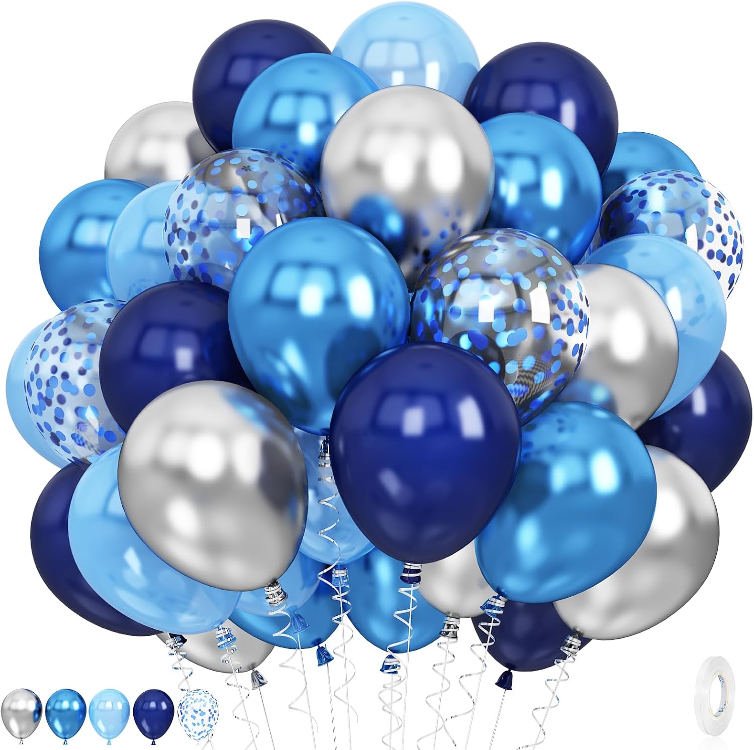 60Pcs Blue and Silver Balloons, 12 Inch Navy Pearl Blue Silver Party Balloons Metallic Silver Blue Confetti Helium Balloon for Graduation Birthday Baby Showers Christening Decorations