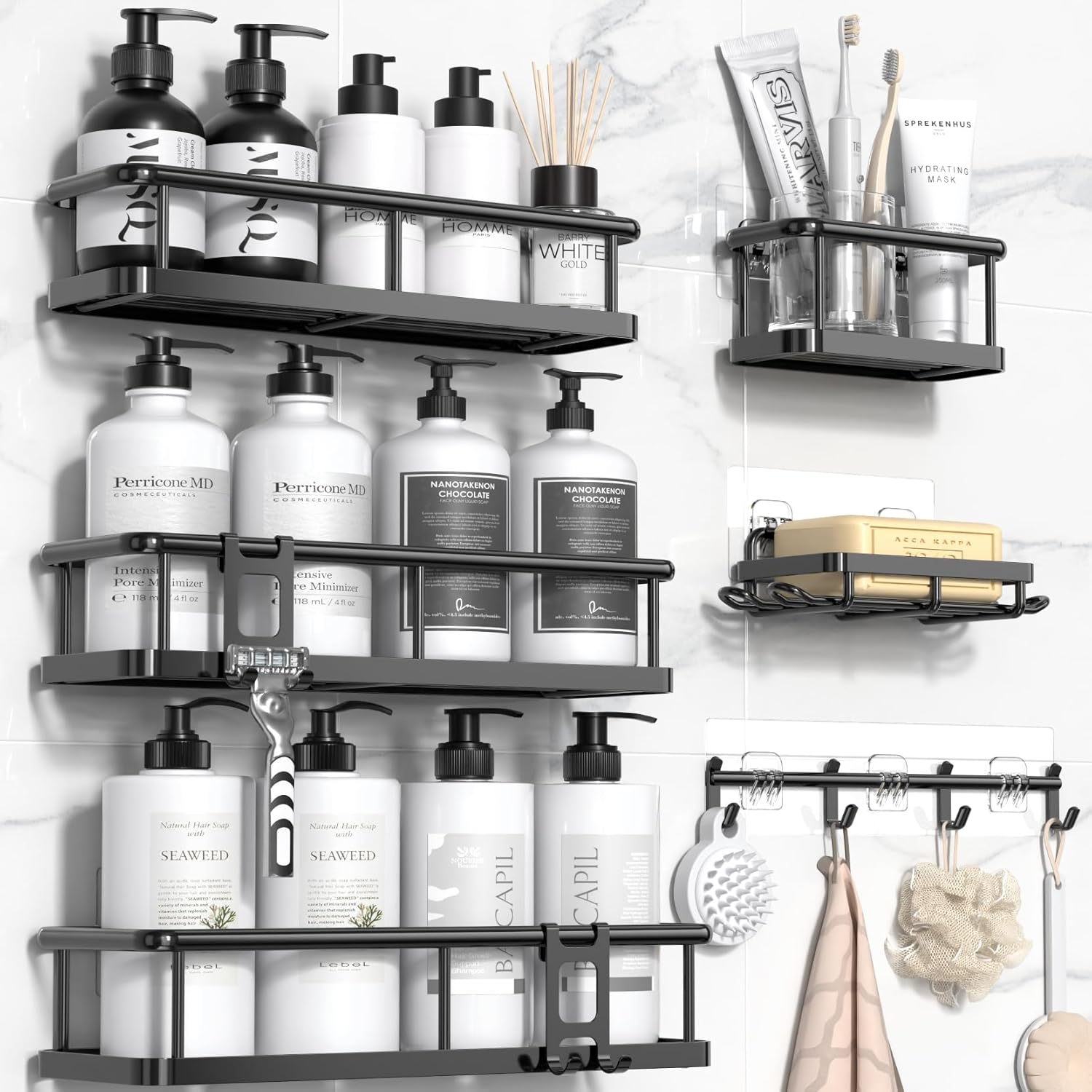 YASONIC Shower Caddy, 6 Pack Large Capacity shower Organizer with Soap Holder and 12 Hooks, Rustproof Shower Shelves for Inside Shower, No Drilling&Sleek Bathroom Organizers and Storage