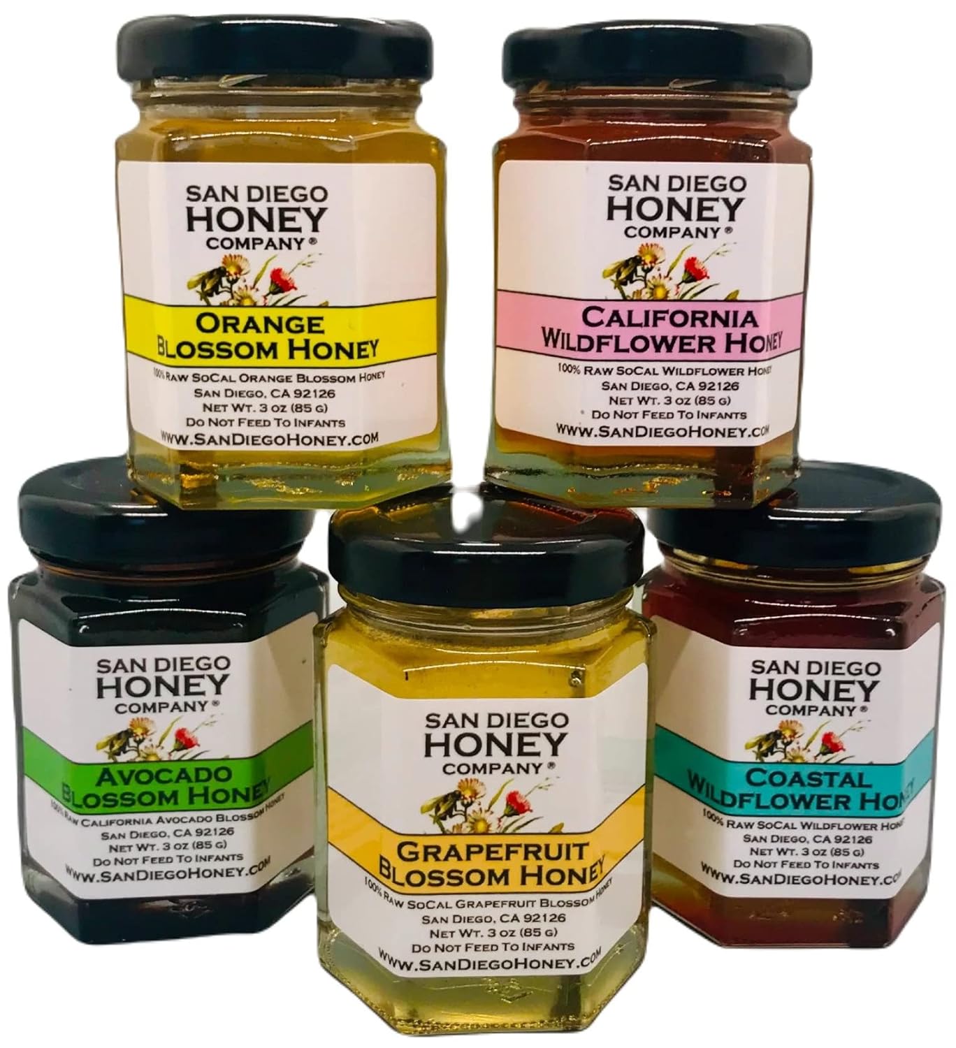 THE FLORAL HONEY COLLECTION by San Diego Honey Company, Honey Taster Flight, 5 x 3oz Jars, Raw Honey Variety Sampler Pack